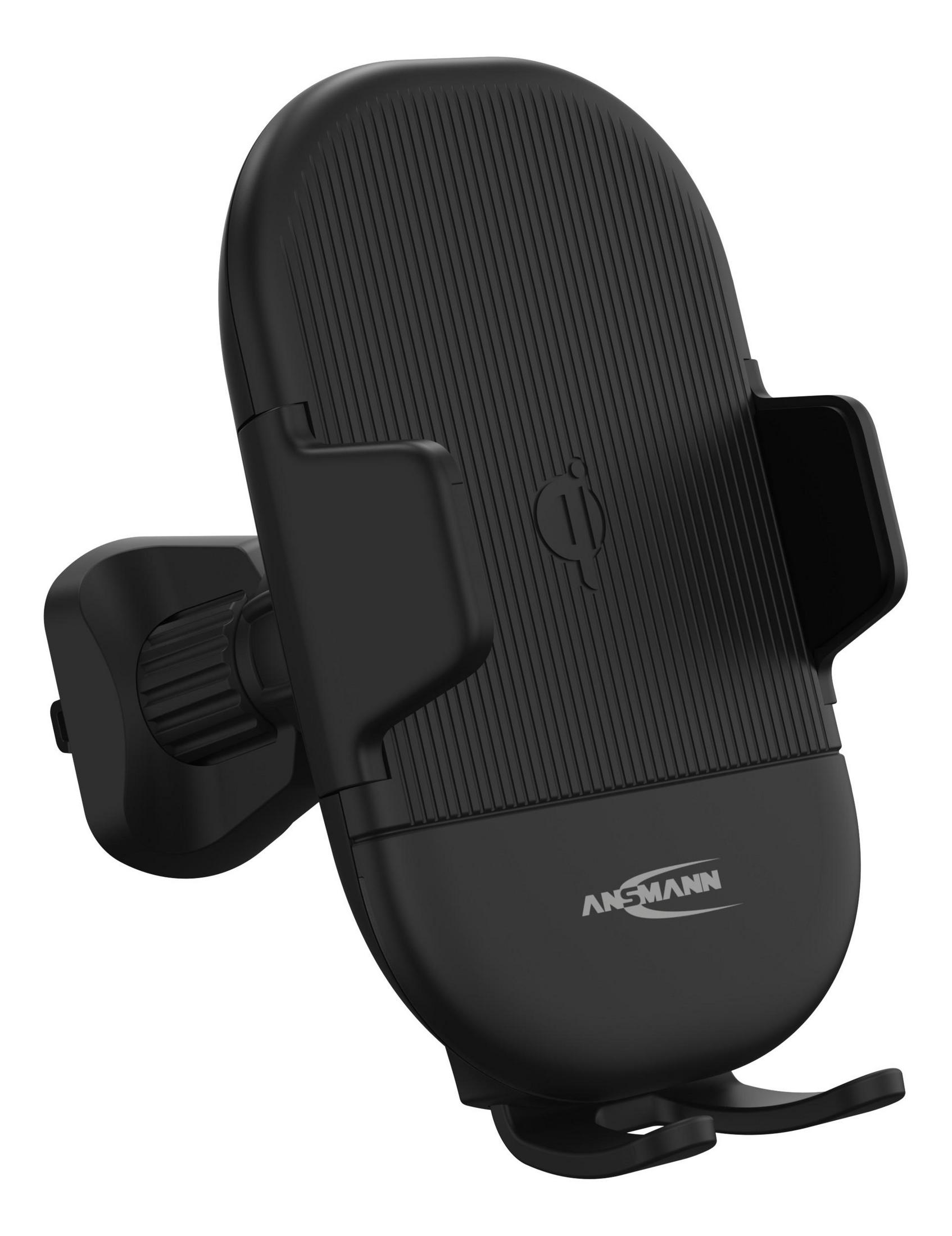Ein schwarzer Autotelefonhalter mit Ladepad, das ANSMANN-Logo ist sichtbar.
