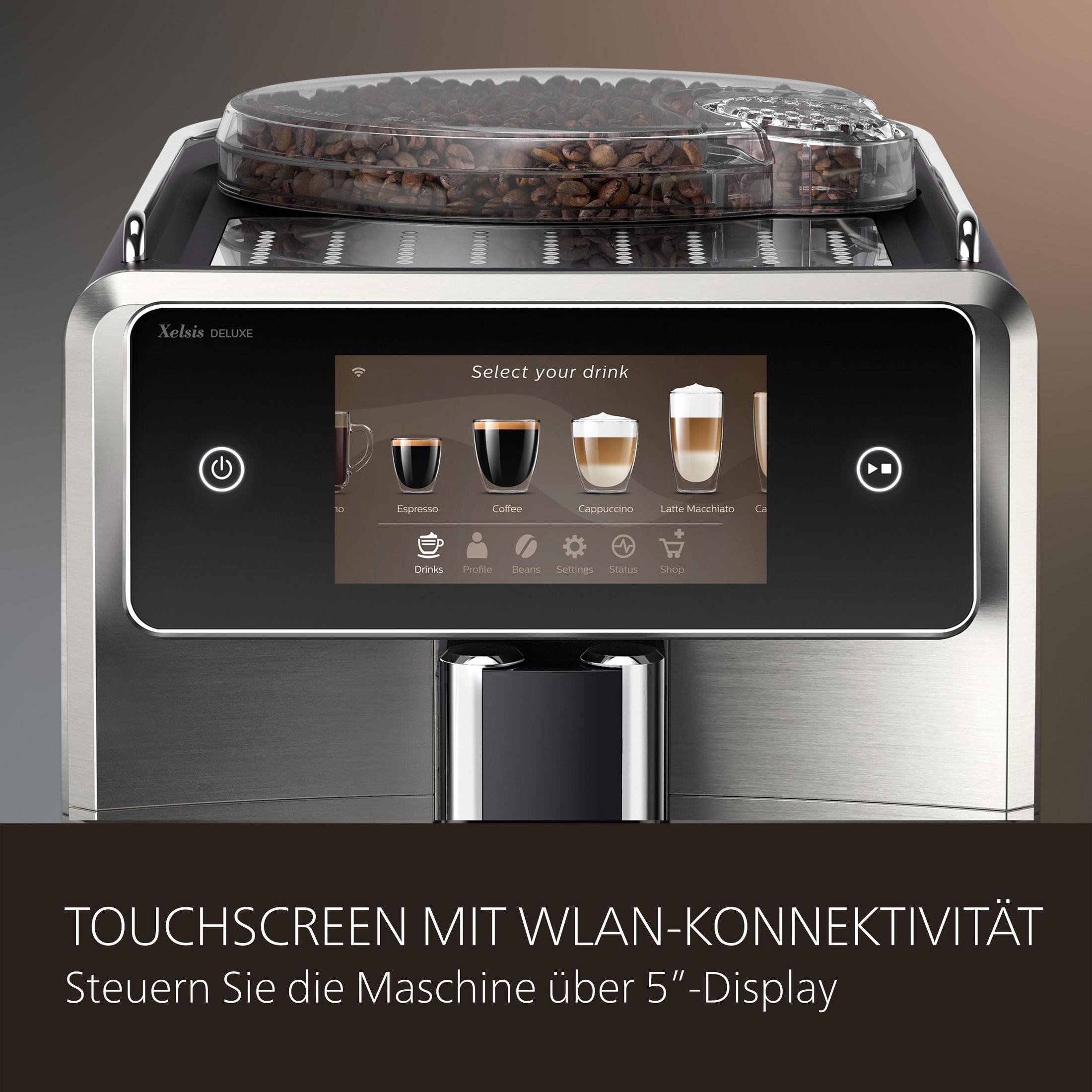 Kaffeemaschine mit Touchscreen. Zeigt Espresso, Kaffee, Cappuccino und Latte Macchiato Optionen.