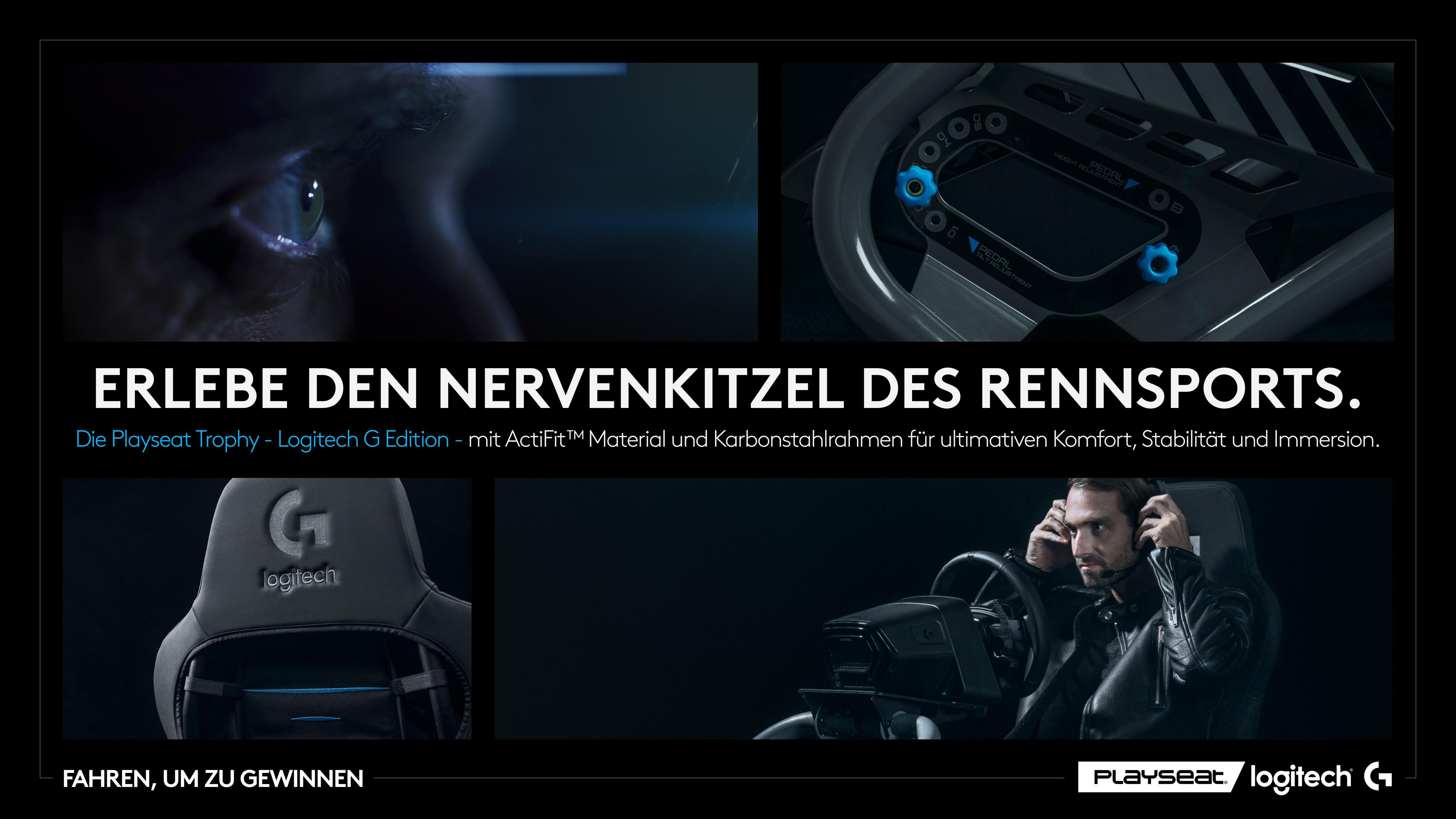 Werbung für Playseat und Logitech, mit Bildern von Rennwagenteilen, der Marke und einer Person, die sie benutzt.