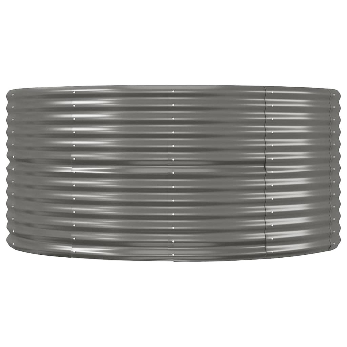 Grauer, geriffelter Metallpflanzer auf weißem Hintergrund.