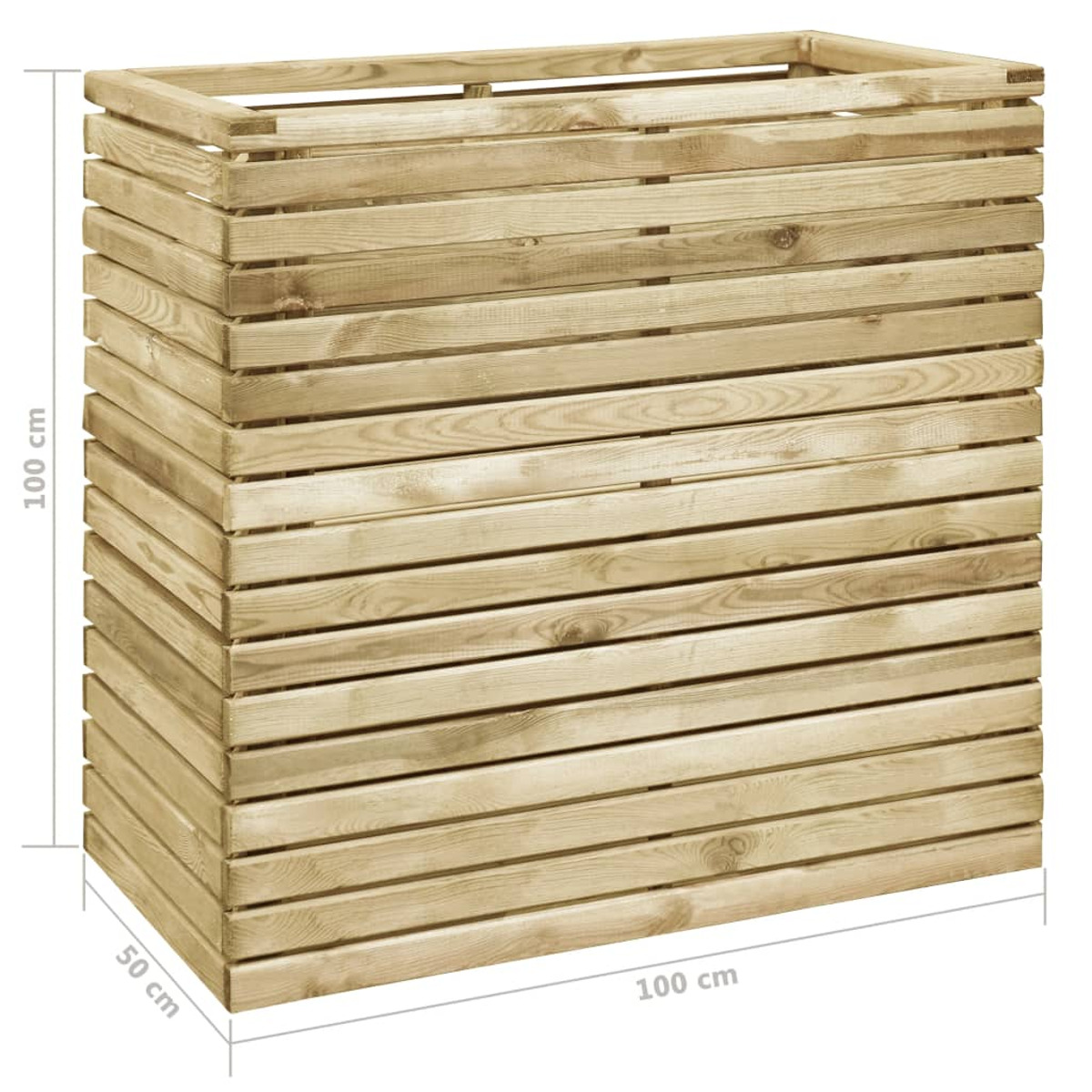 Ein rechteckiger Holzpflanzkasten aus horizontalen Lamellen, Abmessungen 100x50x100 cm.