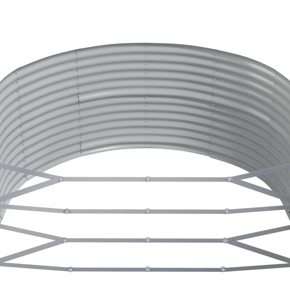 Eine gebogene Metallkonstruktion. Sie hat eine Reihe paralleler Metallstäbe. Die Form ist ein Halbkreis.