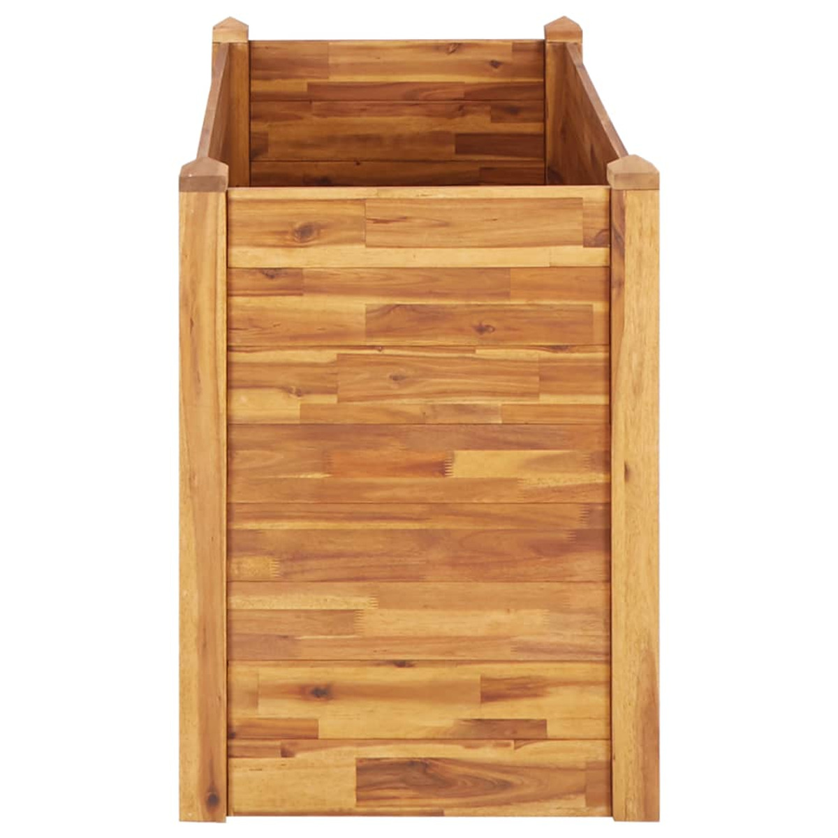 Pflanzkasten aus Holz, braune Farbe, Vorderansicht. Horizontale Holzplanken, vier Pfosten.