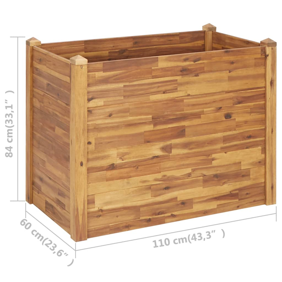 Rechteckiger Pflanzkasten aus Holz mit Abmessungen. Holz ist hellbraun. Hat Holzsäulen an den Ecken.