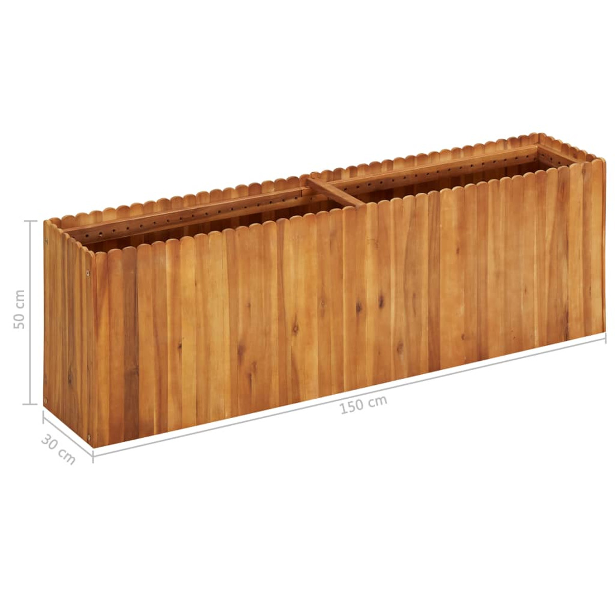 Holzblumenkasten mit gewellten Kanten, mit Abmessungen. Braun, rechteckig.