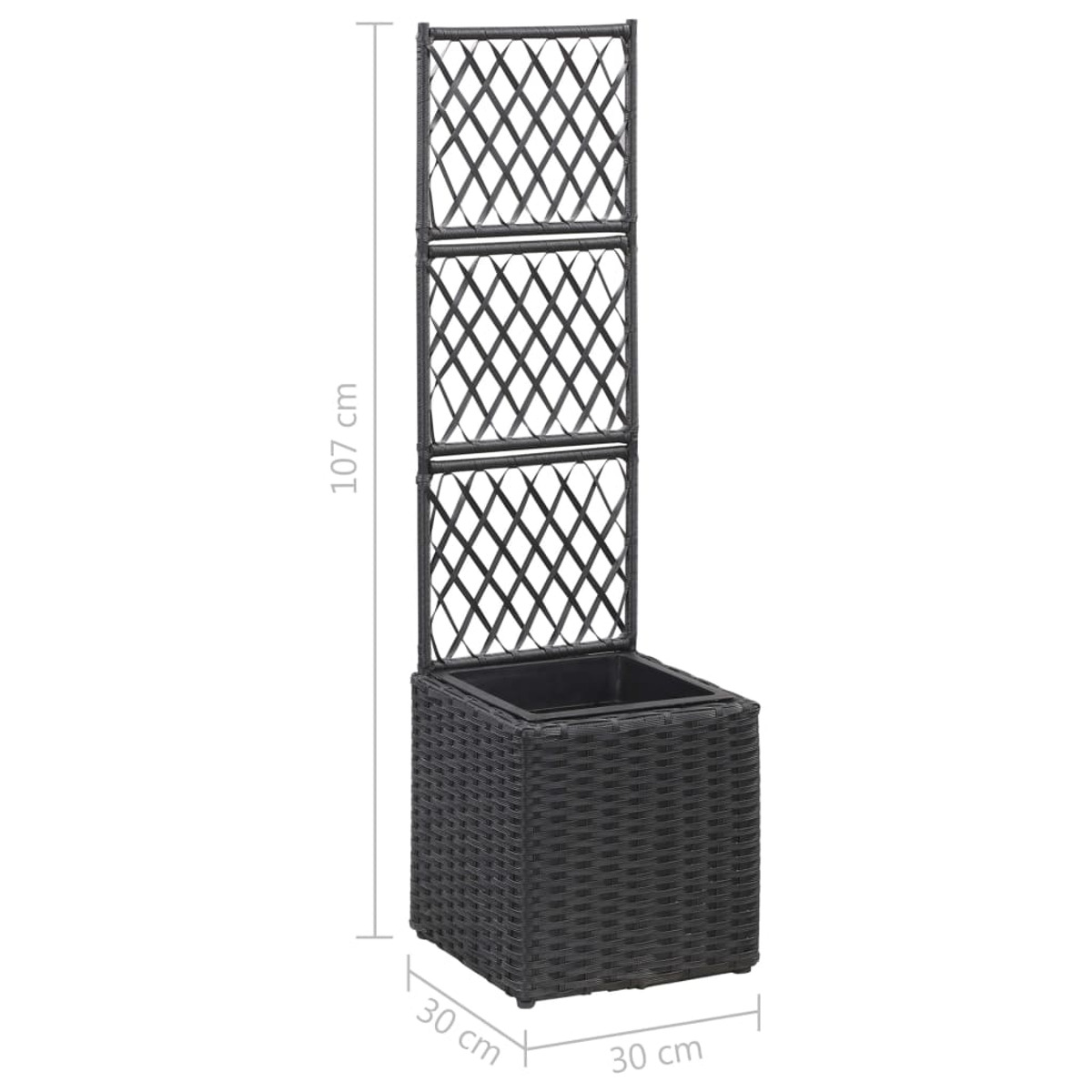 Schwarzer Rattan-Pflanzer mit Spalier, 30 cm breit, 107 cm hoch. Quadratische Pflanzbox und Spalier.