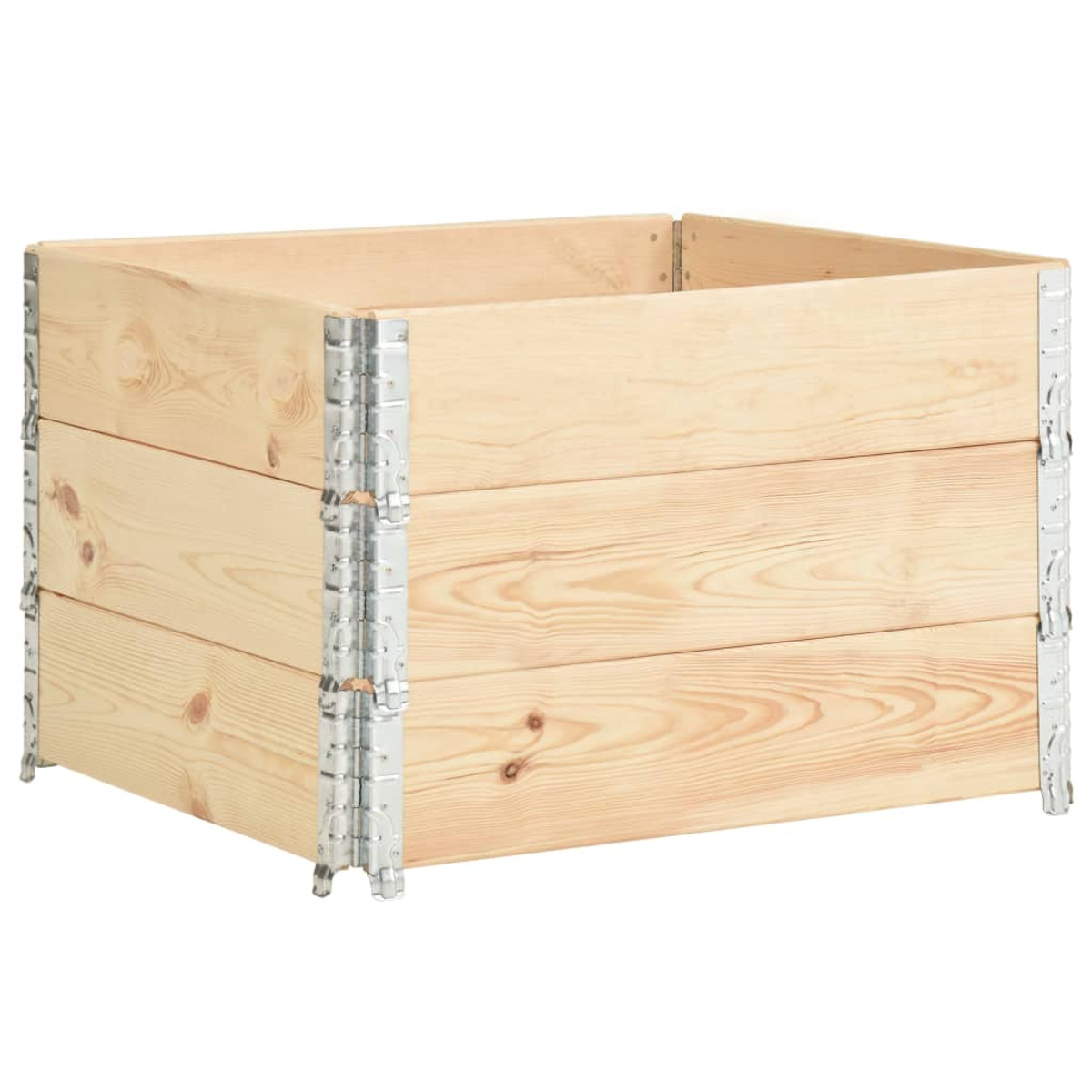 Pflanzkasten aus Holz mit Metallecken, aus hellem Holz.