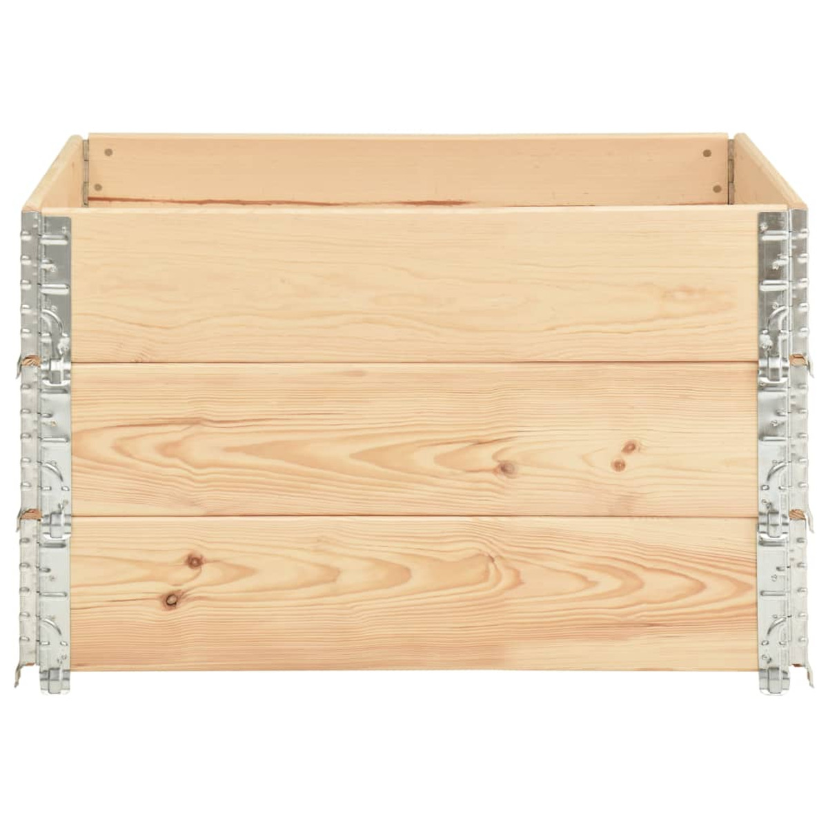 Holz-Pflanzkasten. Helles Holz mit Metallhalterungen. Leer, Vorderansicht.