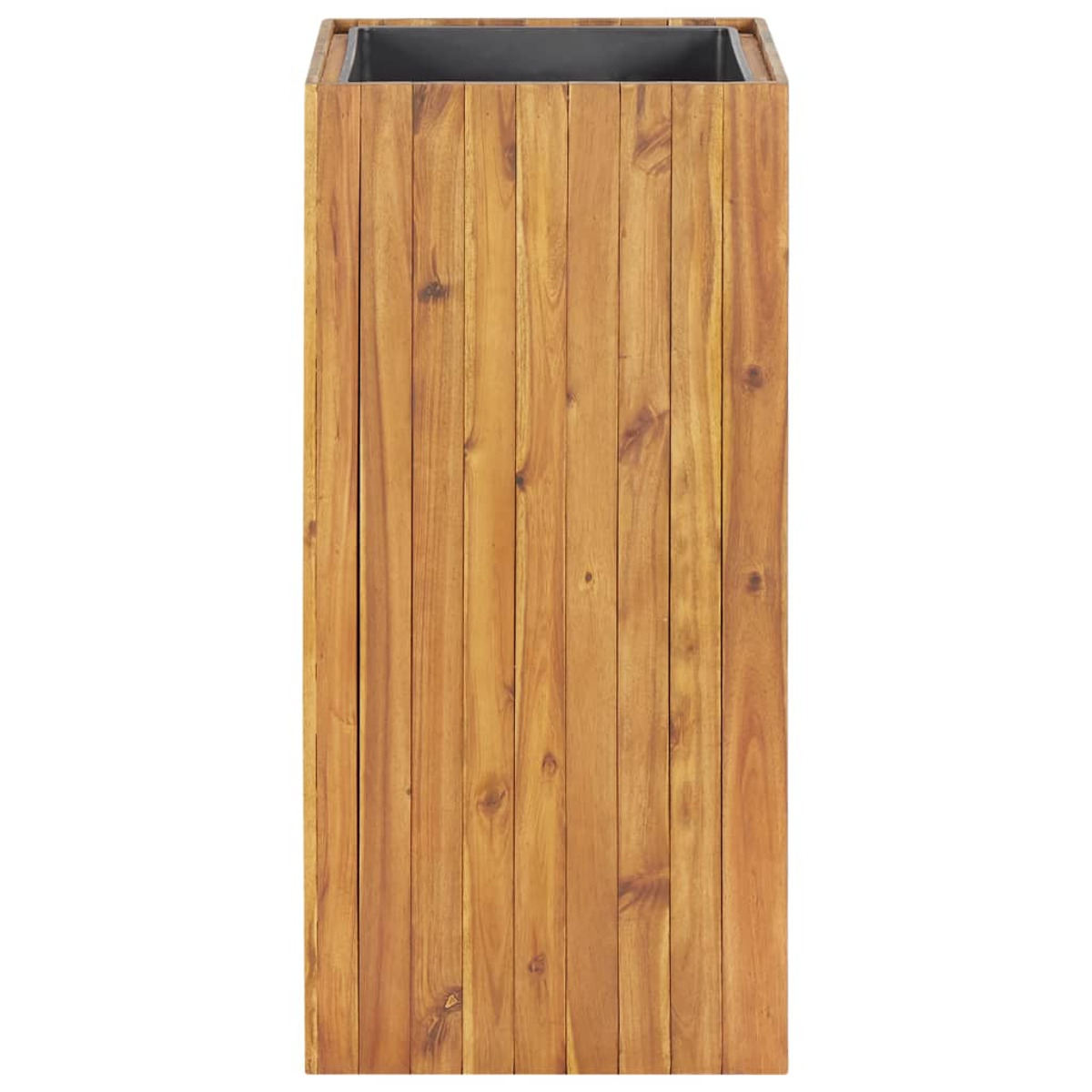 Pflanzkasten aus Holz mit vertikalen Holzplanken. Die Box ist rechteckig und steht allein.