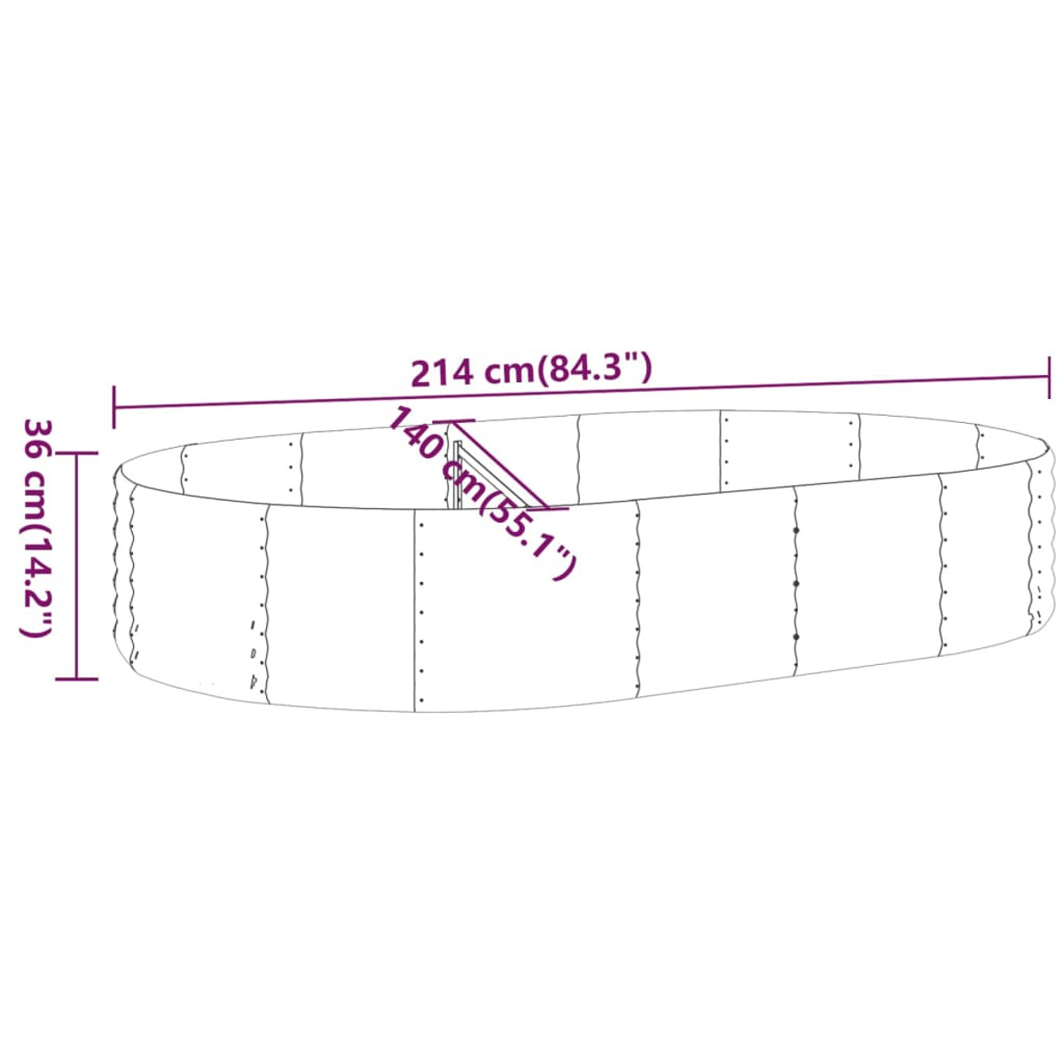 Ovaler Metall-Gartenbeeteinfassung. Abmessungen: 214 cm lang, 36 cm hoch, 140 cm breit Mitte.