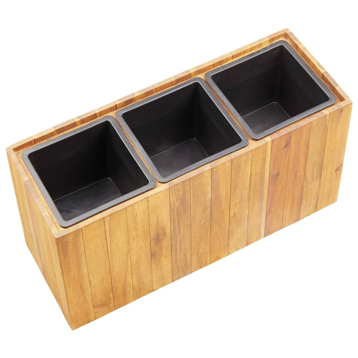 Holzpflanzer mit 3 schwarzen quadratischen Behältern. Draufsicht, helles Holz.