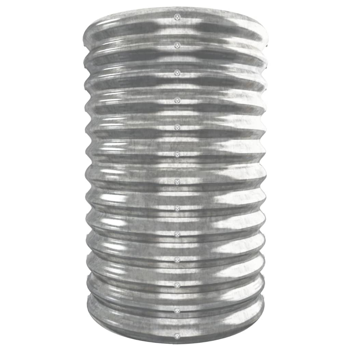 Geriffeltes Metallrohr, vertikal, mit Nieten, vor weißem Hintergrund.