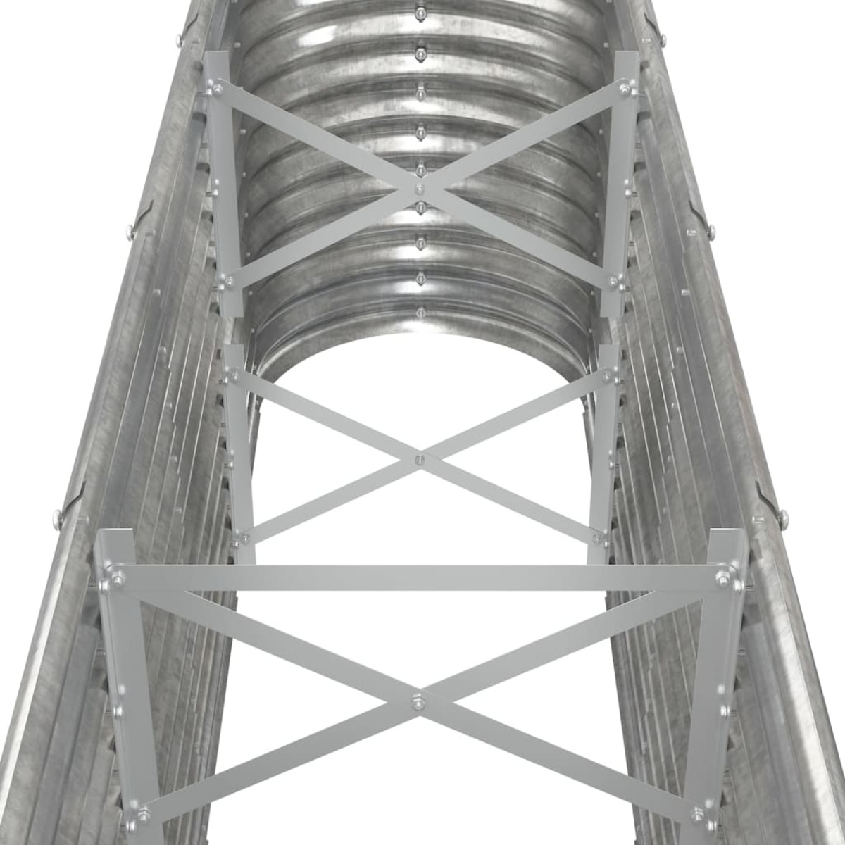 Eine Nahaufnahme einer Metallkonstruktion. Sie zeigt das Innere eines langen, gebogenen Kanals.