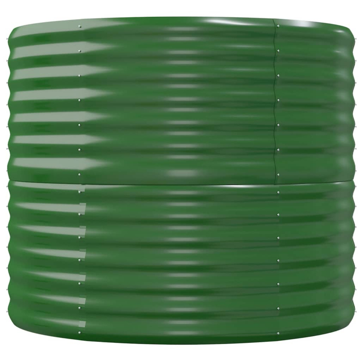 Grünes Metall-Hochbeet. Zylindrische Form mit horizontalen Wellenlinien.