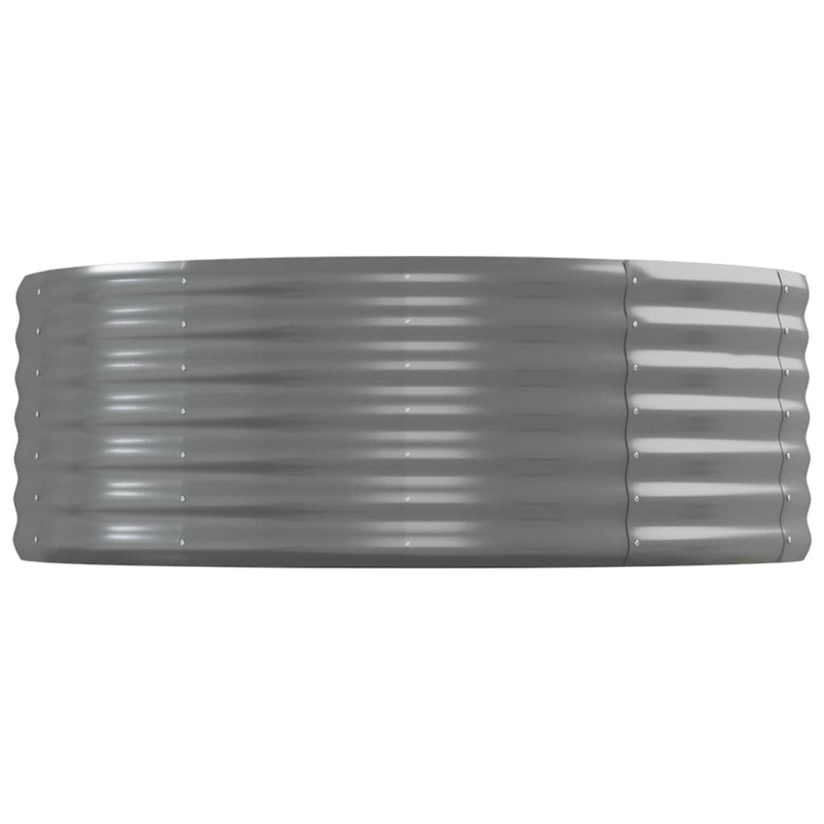 Graues, metallisches, kreisförmiges Hochbeet. Es hat ein gewelltes Design.