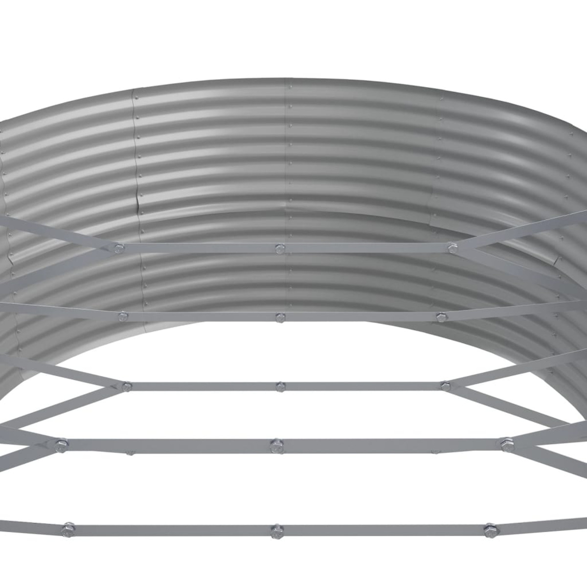 Eine silberne, metallene, bogenförmige Struktur. Die Struktur hat eine Reihe von horizontalen Stangen und Bolzen.