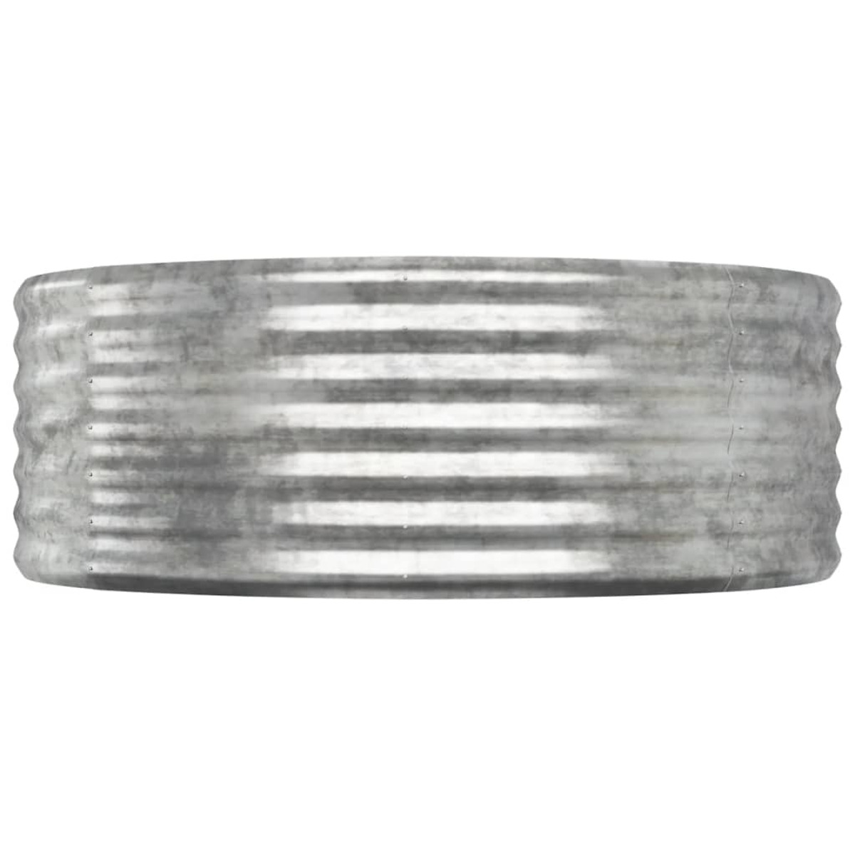 Ein zylindrischer Metallbehälter mit horizontalen Rippen, metallgraue Farbe.