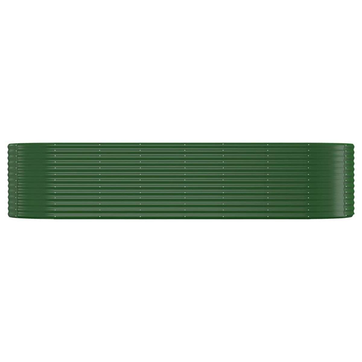 Eine lange, rechteckige, grüne Metall-Pflanzkiste, von oben gesehen. Rillen verlaufen horizontal.