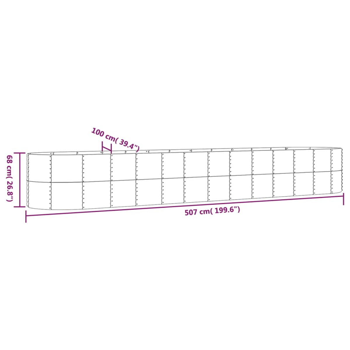 Langer, rechteckiger Metall-Pflanzkübel mit Maßangaben: 507 cm (199,6") lang, 100 cm (39,4") breit, 68 cm (26,8") hoch.