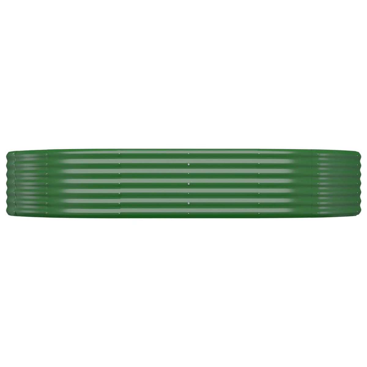 Ein langes, grünes, gewelltes Metallgartenbeet liegt horizontal und zeigt sein Äußeres.