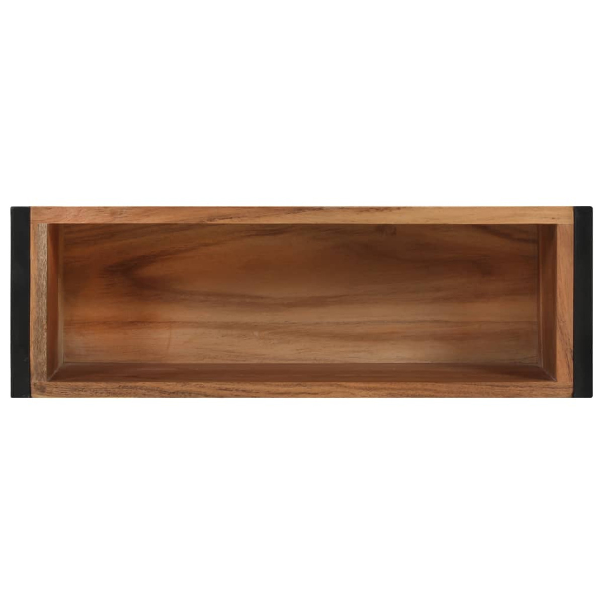 Rechteckige Holzablage. Das Holz ist braun mit schwarzen Kanten. Das Fach hat einen leeren Innenraum.