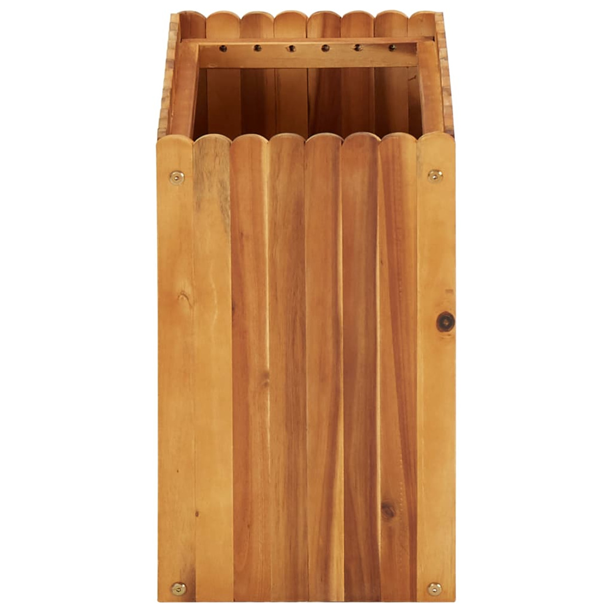 Pflanzkasten aus Holz, mit vertikalem Lamellendesign und gewelltem oberen Rand.