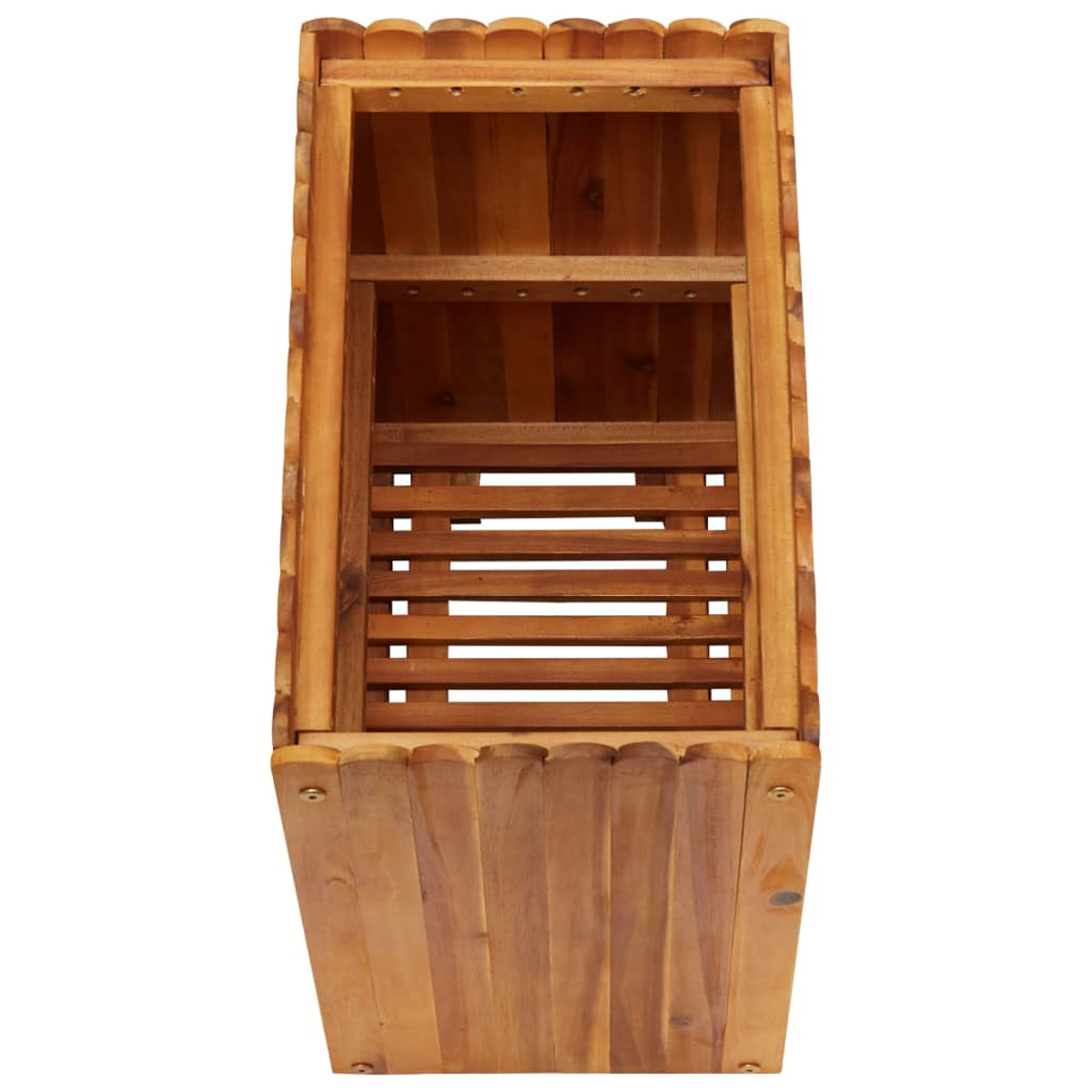 Holz-Pflanzkasten, Draufsicht, mit offenen Lamellen und dekorativem oberem Rand.