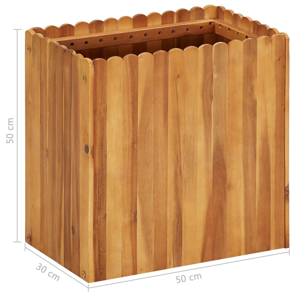 Ein Holzpflanzer mit gewellten Kanten, mit Abmessungen und Messungen.