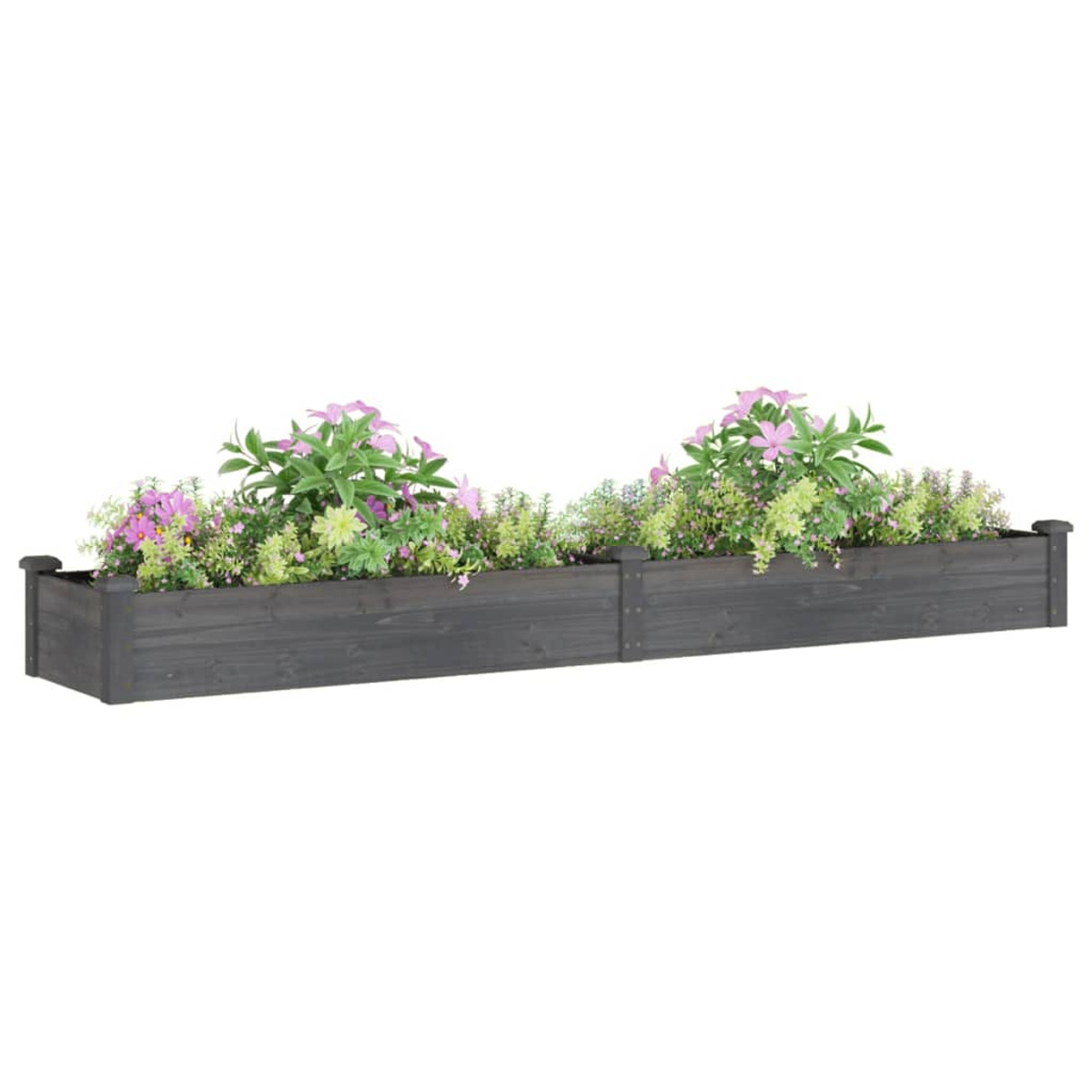 Zwei lange, dunkelgraue Holzpflanzkästen nebeneinander, gefüllt mit grünen Pflanzen und rosa Blüten.