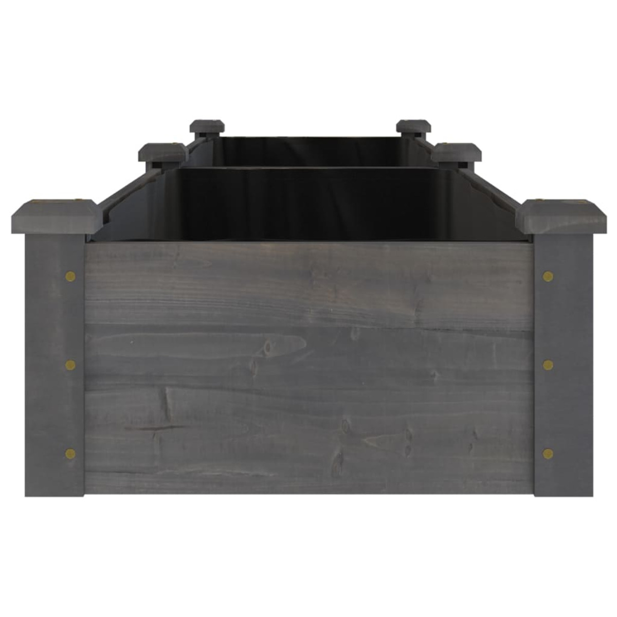 Dunkelgrauer Pflanzkasten aus Holz mit schlichtem Design. Die Oberseite ist offen.