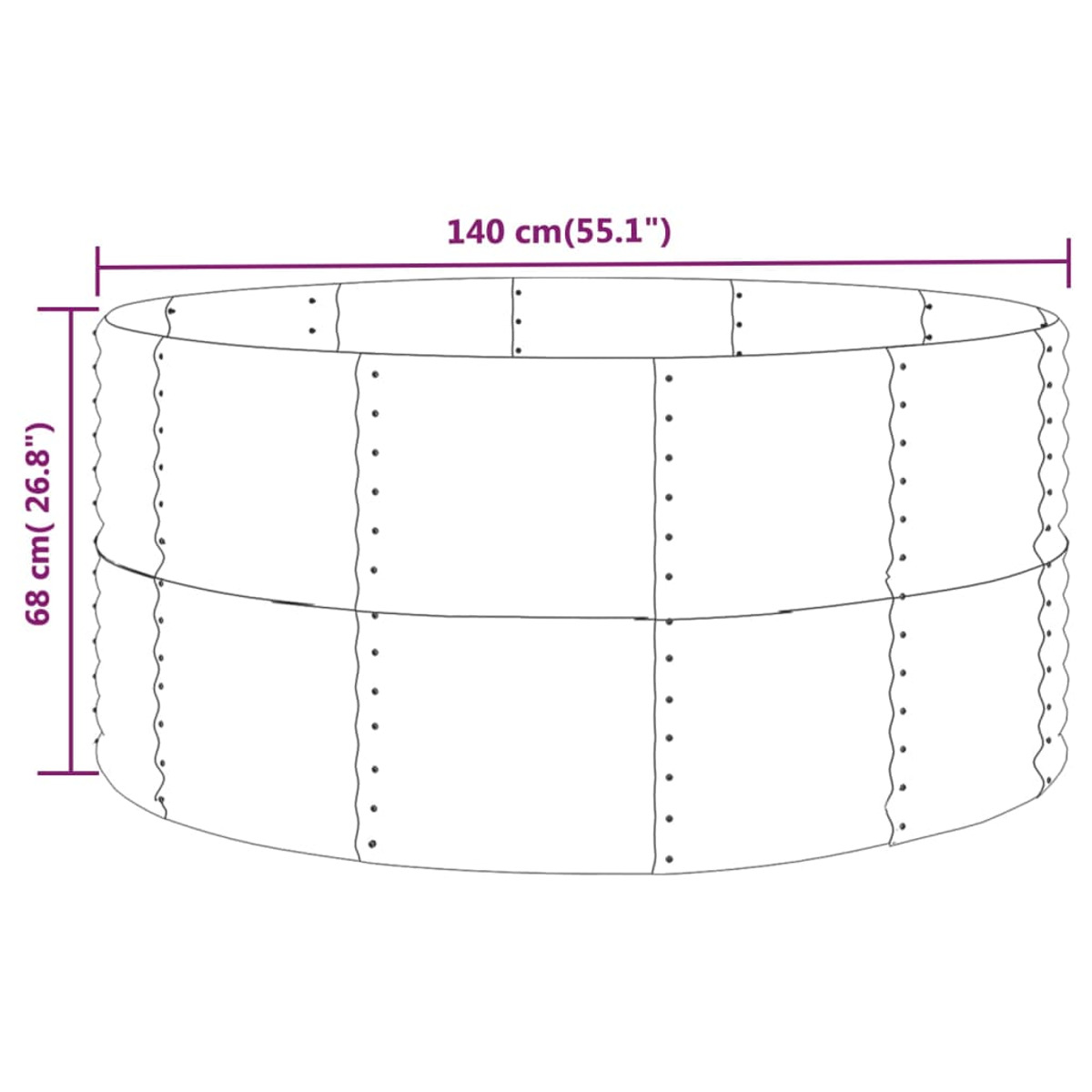 Ein kreisförmiger Metallpflanzer mit Maßen. Er ist 140 cm (55,1") breit und 68 cm (26,8") hoch.