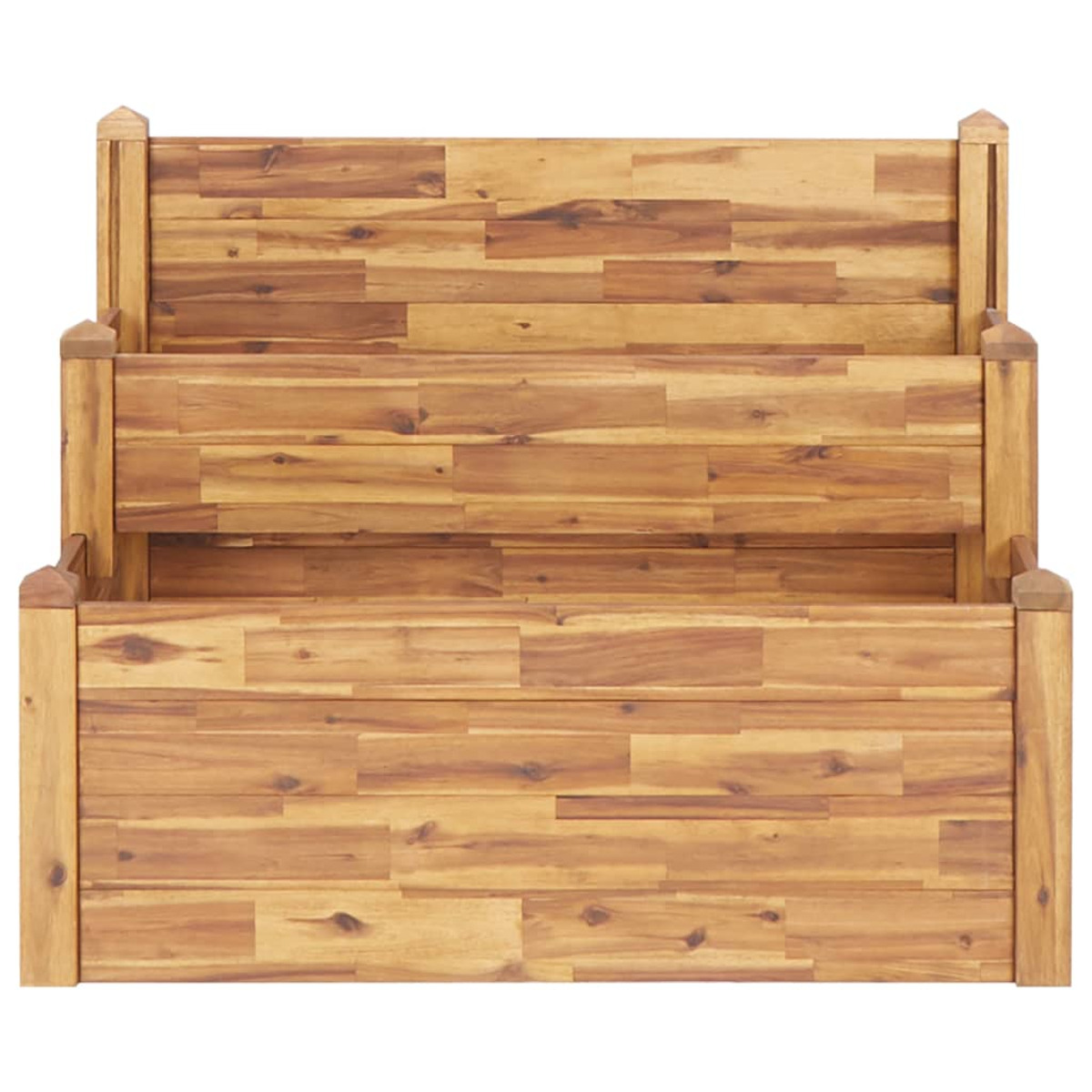 Gestufter Pflanzkasten aus Holz mit drei Ebenen. Aus horizontalen Holzbrettern gefertigt.