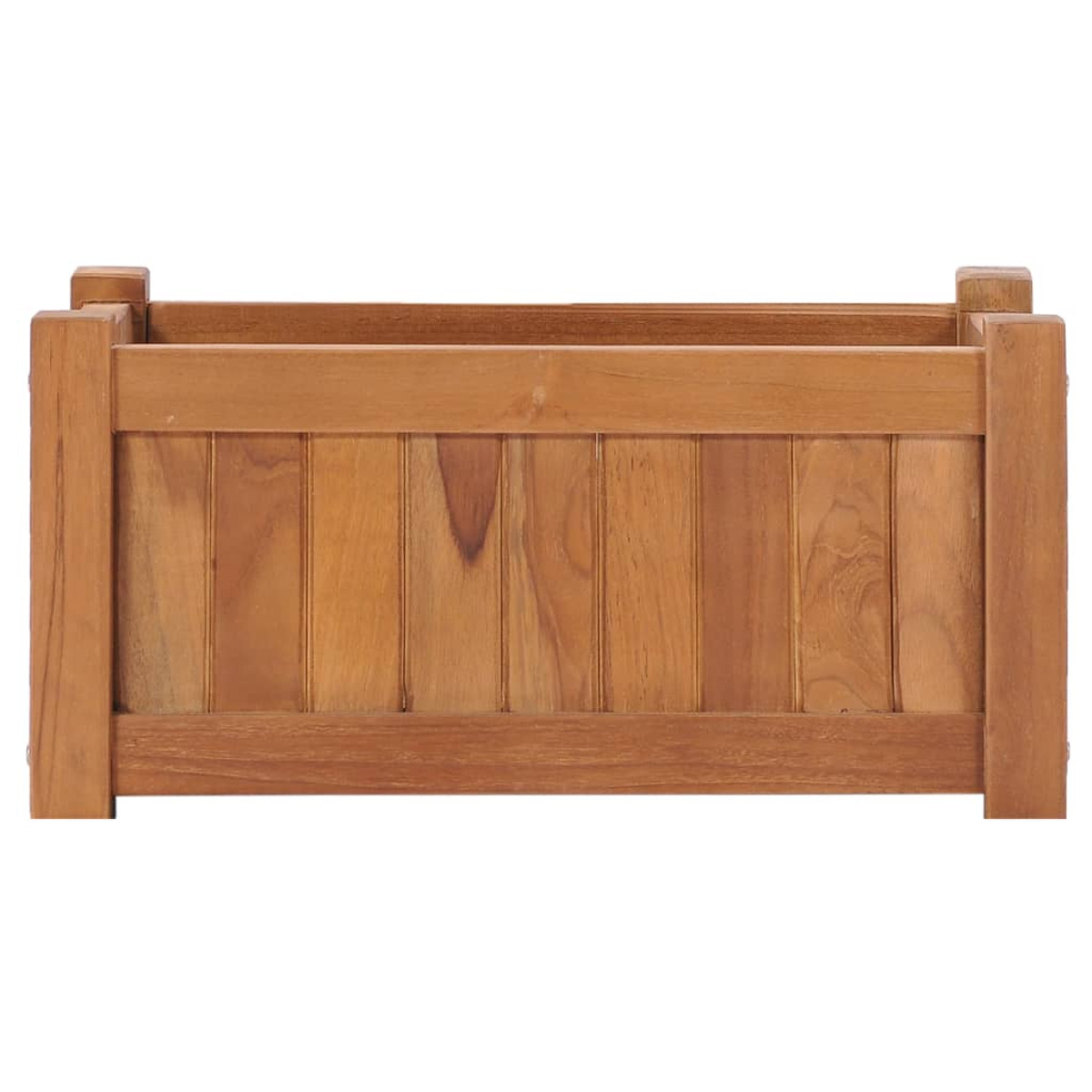 Rechteckiger Pflanzkasten aus Holz. Vertikale Holzlatten bilden die Seiten und einen Rahmen. Braun.