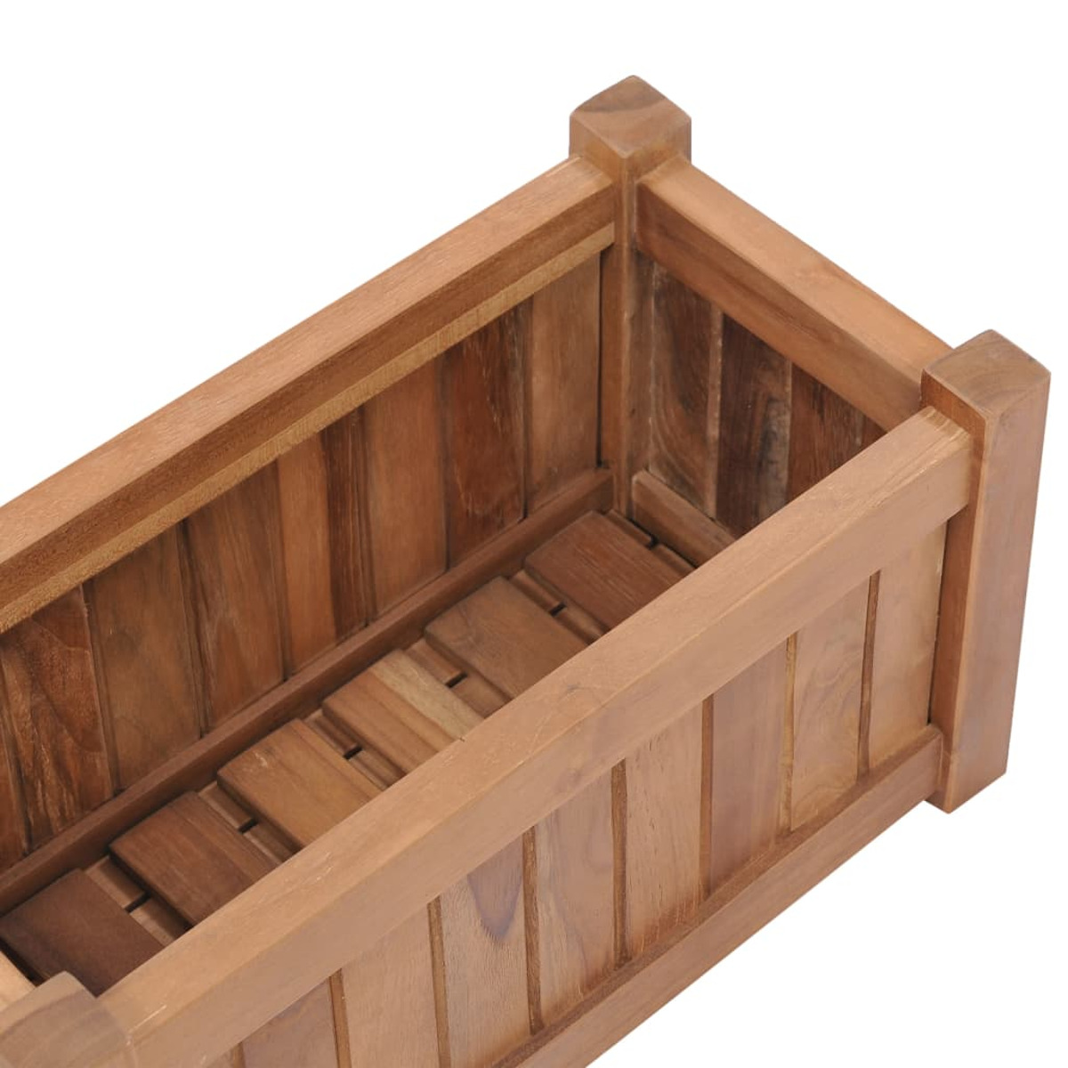 Ein offener, rechteckiger Holzpflanzer mit einem Lattenboden.