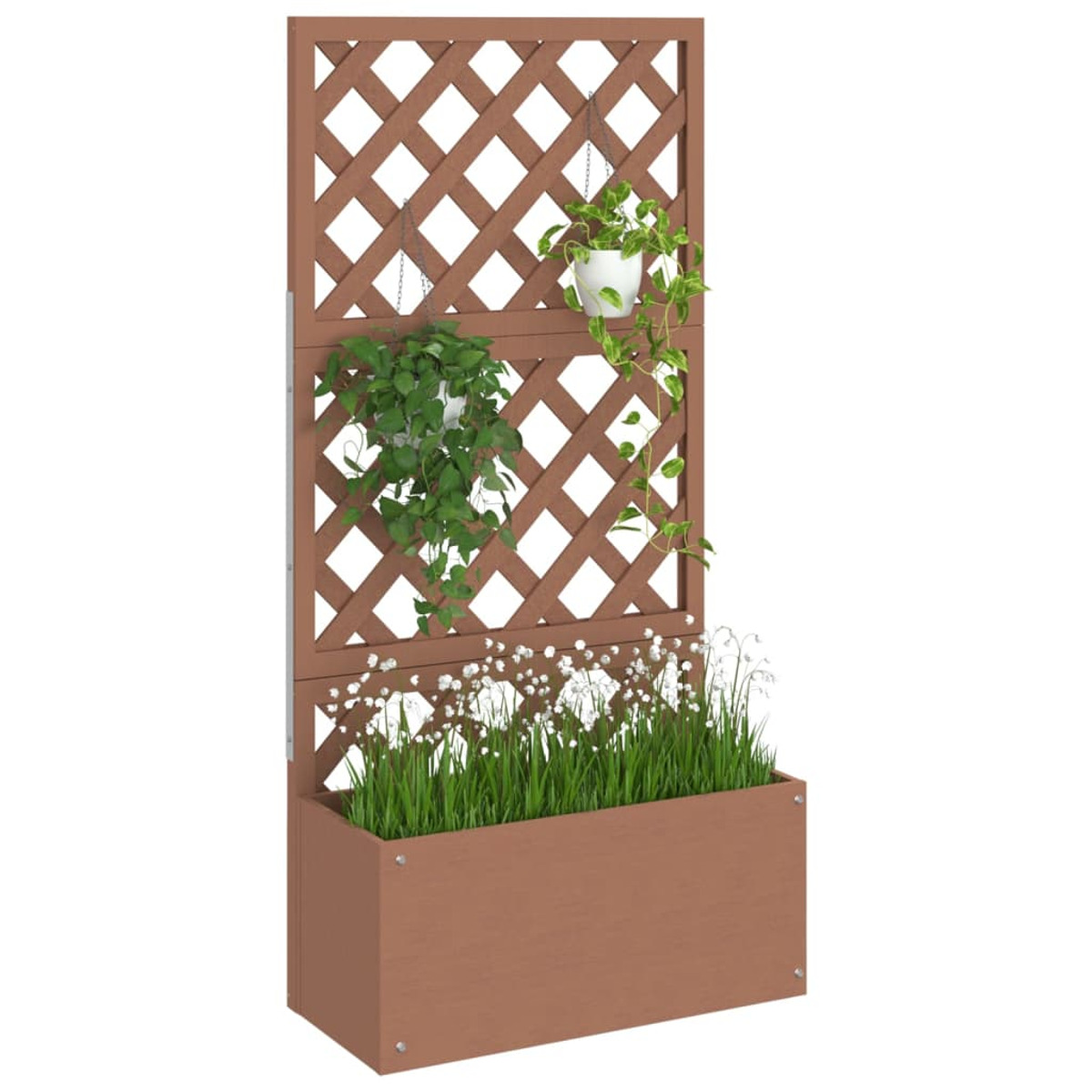 Holzgitter mit Pflanzkasten. Es hat Hängepflanzen und Blumen.