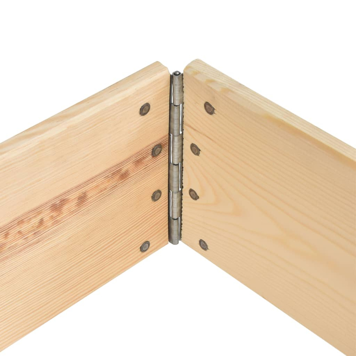 Nahaufnahme von zwei Holzpaneelen, die durch ein Metallscharnier verbunden sind. Das Holz ist hellbraun.