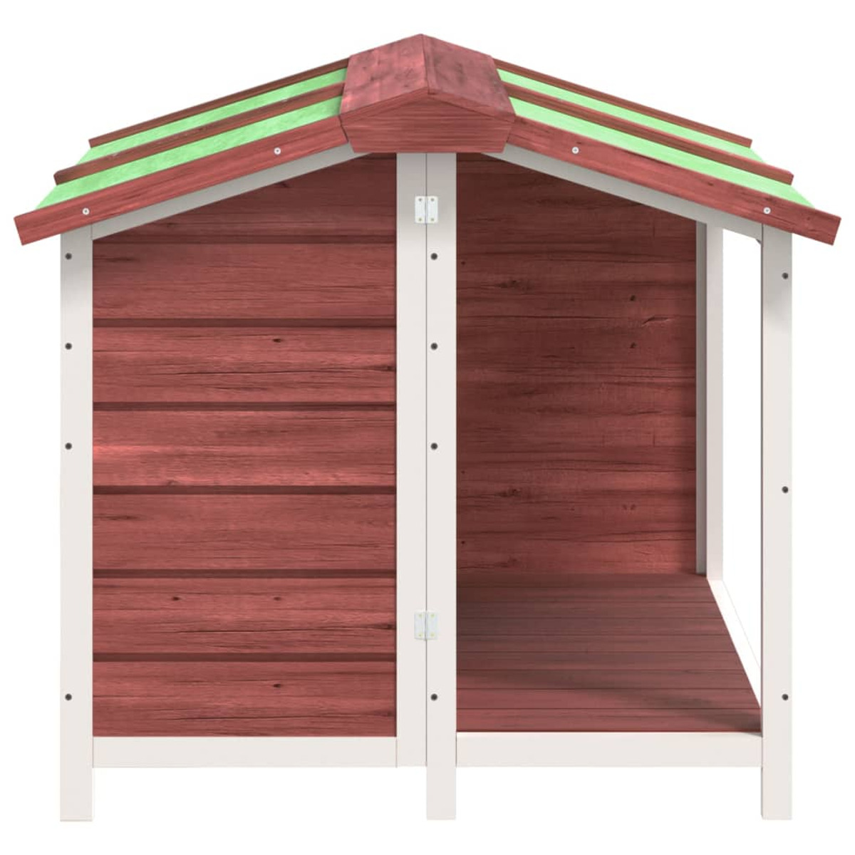Ein rotes Hundehäuschen mit grünem Dach. Das Haus hat einen offenen Eingang und weiße Zierleisten.