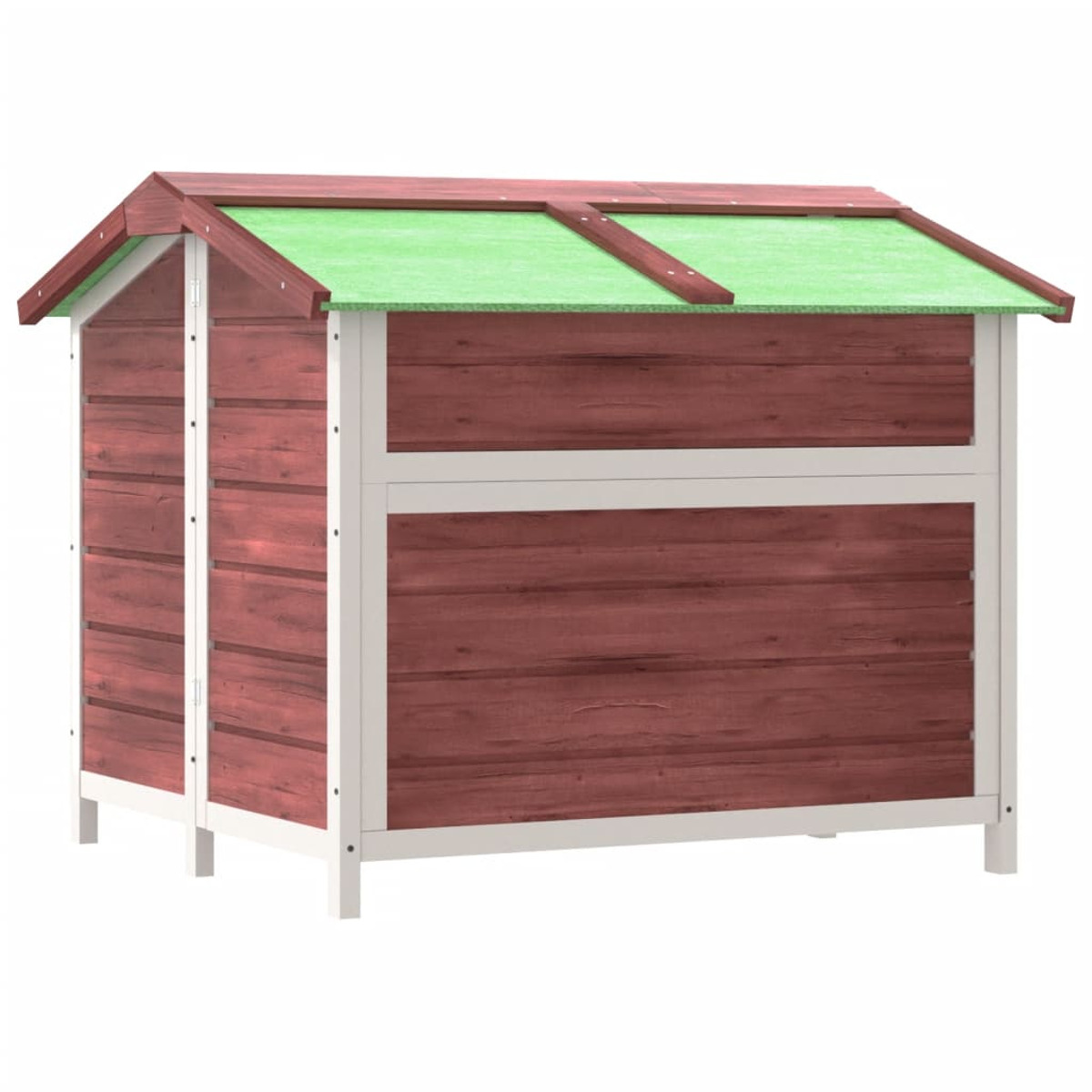 Rotes und weißes Holzspielhaus mit grünem Dach.