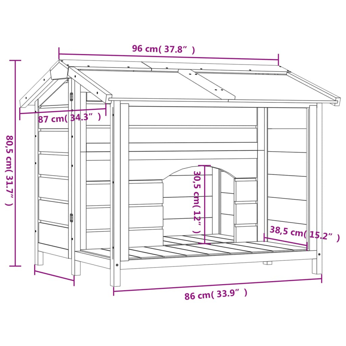 Hundehaus aus Holz mit beschrifteten Abmessungen. Maße in cm. Weißer Hintergrund.