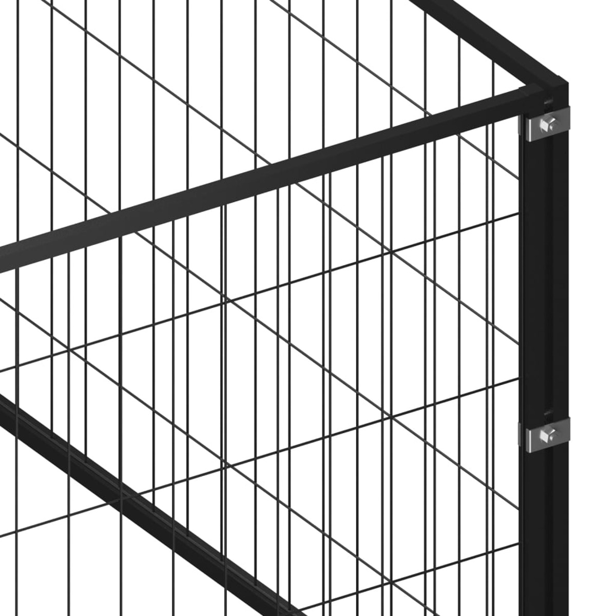 Schwarzes Metalleckdetail. Nahaufnahme, Drahtgitter, Schrauben sichtbar.