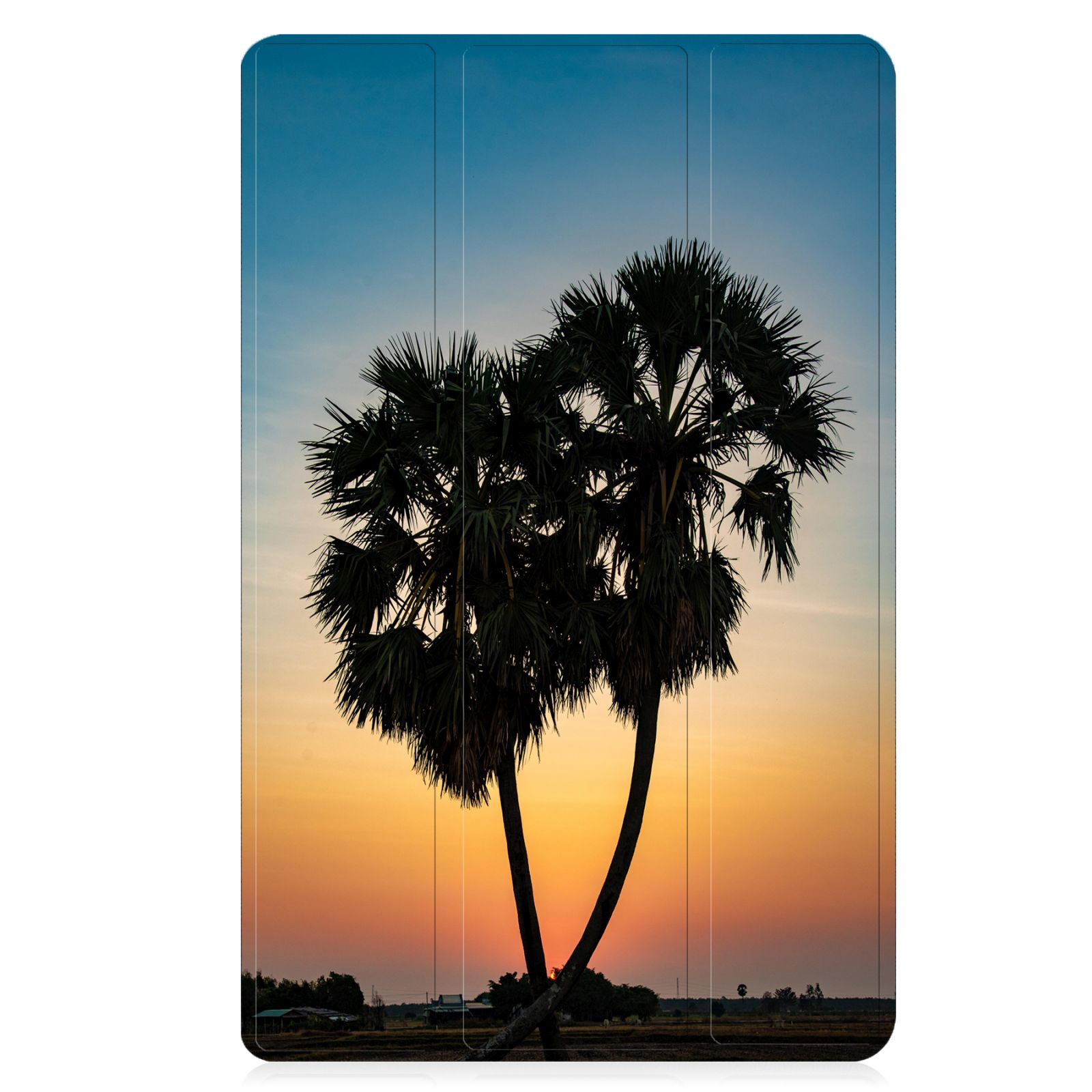 Hülle für ein Tablet, die zwei Palmen vor einem Sonnenunterganghimmel zeigt.