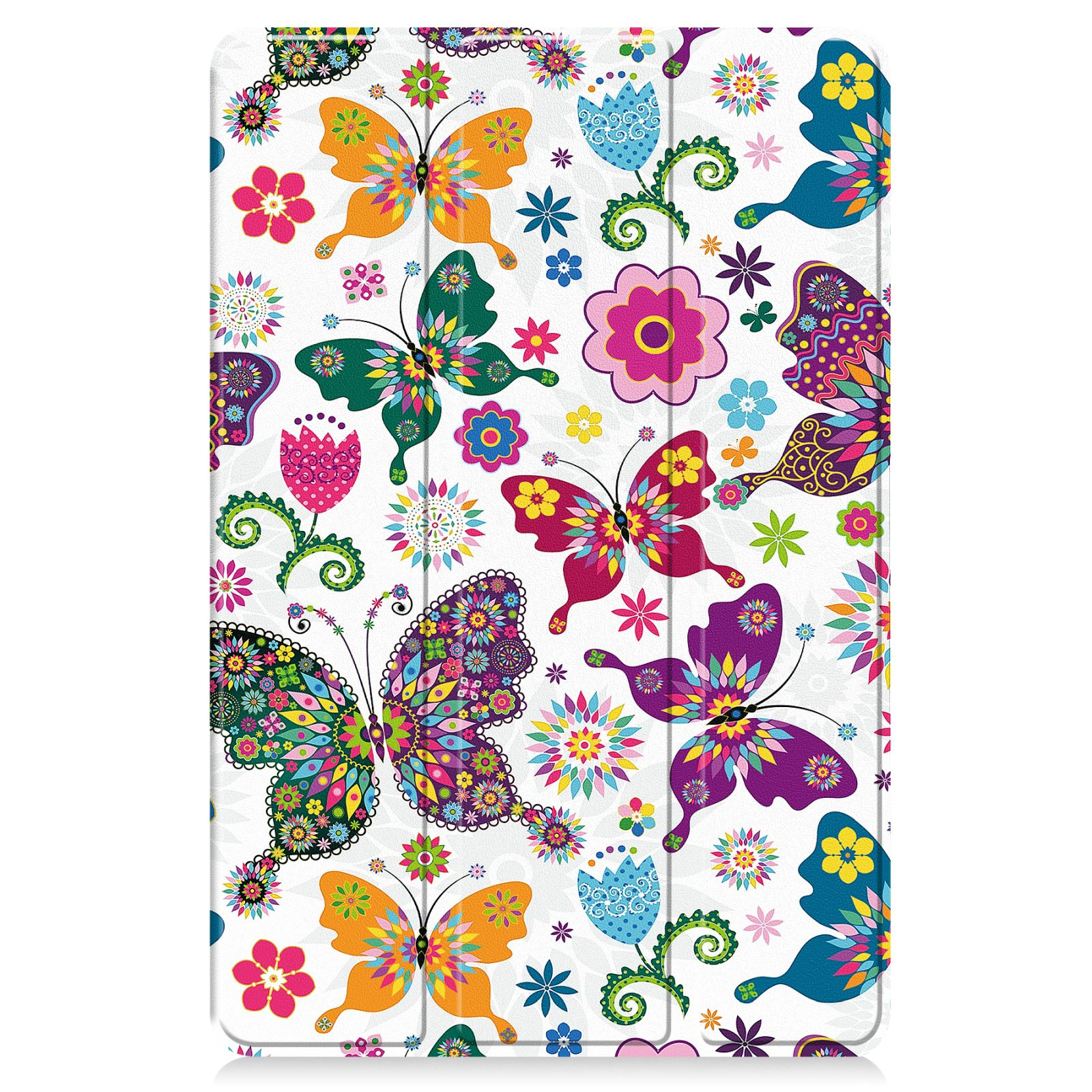 Eine weiße Tablet-Hülle mit farbenfrohem Schmetterlingsmuster, verschiedenen Schmetterlingen und Blumen auf dem Cover.