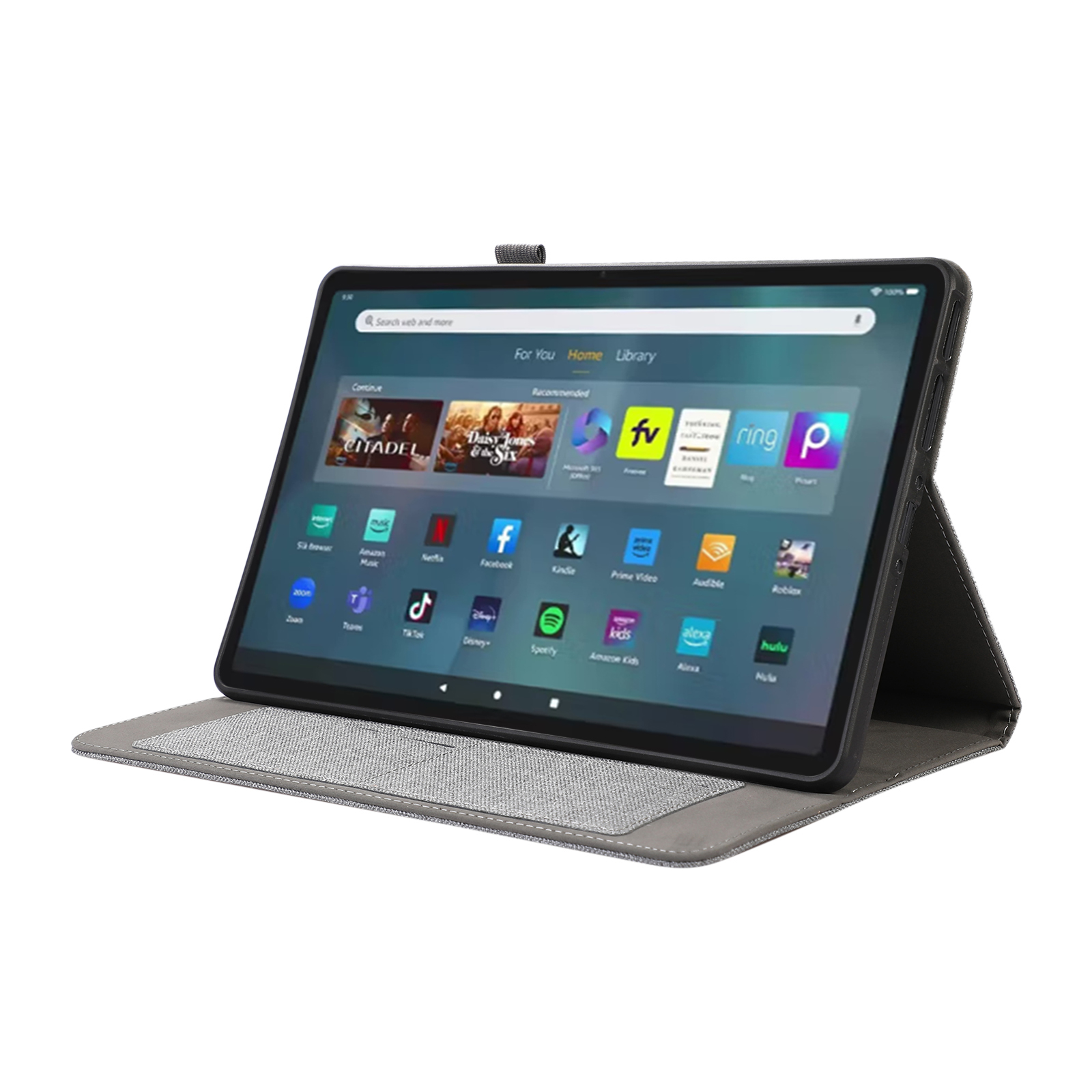Ein Tablet zeigt Apps und einen Startbildschirm. Es ist auf einem Ständer geöffnet. Der Bildschirm ist schwarz.
