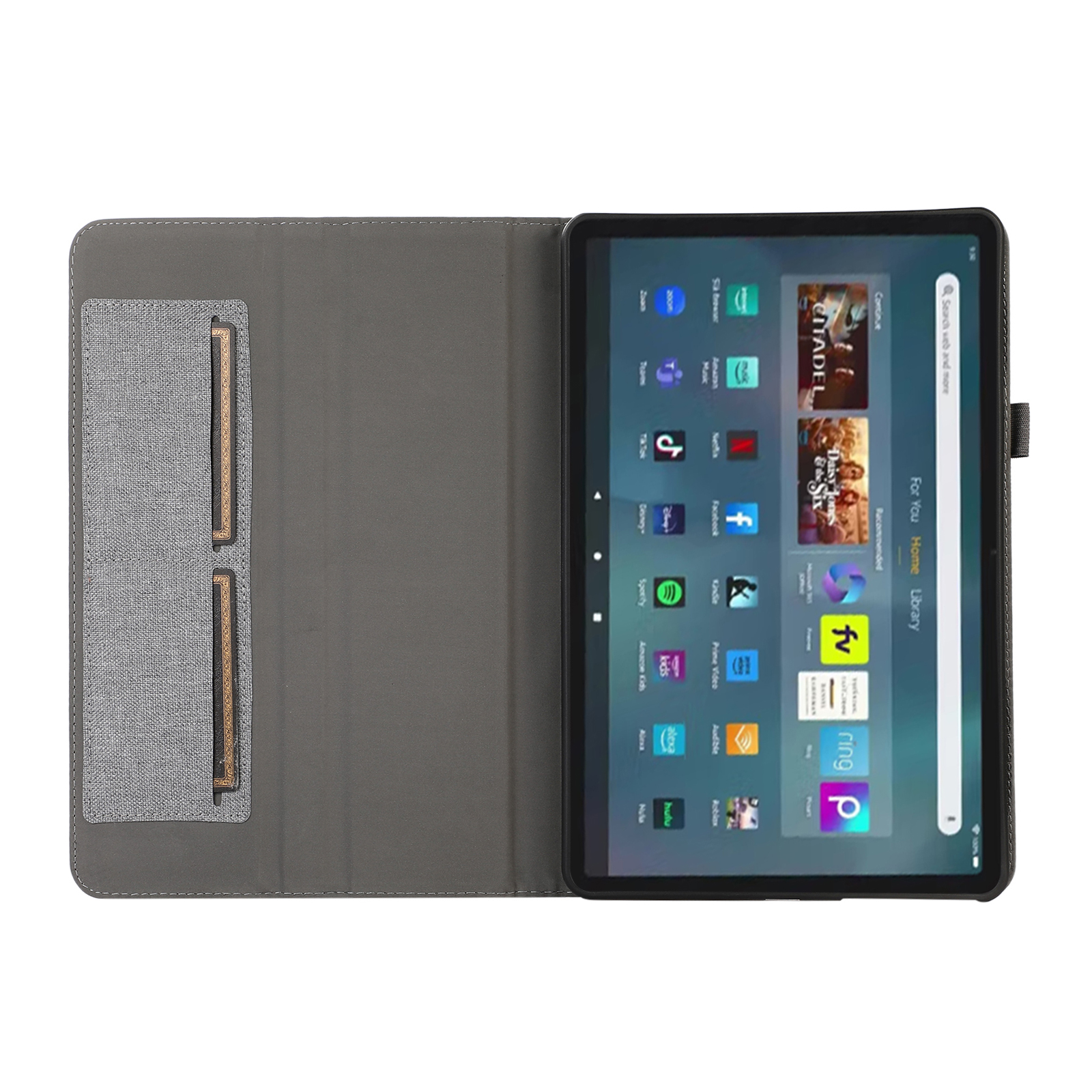 Ein Tablet ist in einem grauen Gehäuse geöffnet. Der Bildschirm zeigt App-Symbole. Das Gehäuse hat Taschen.