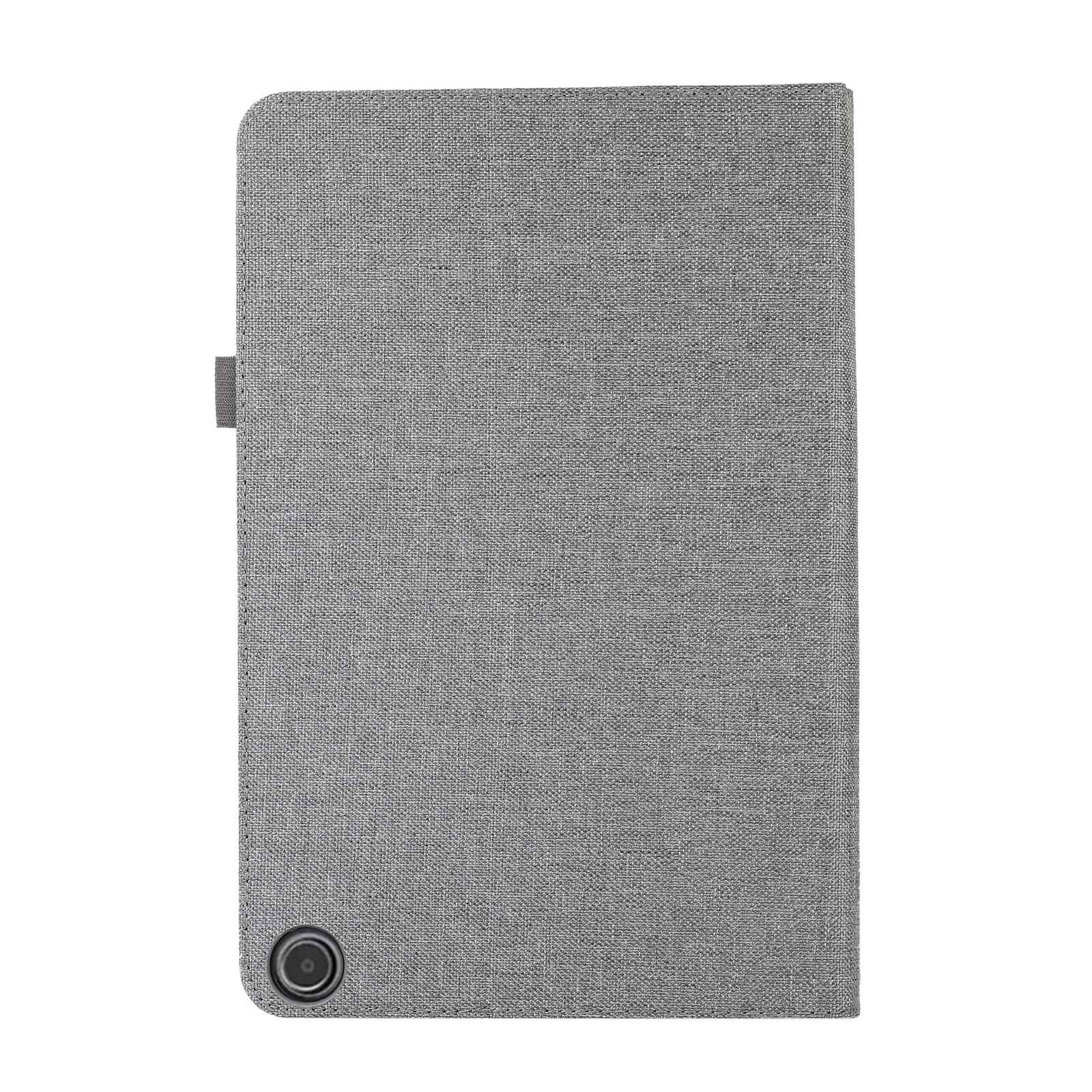 Eine graue Tablethülle mit Verschlussriemen. Das Tablet hat eine Kamera und einen Knopf.