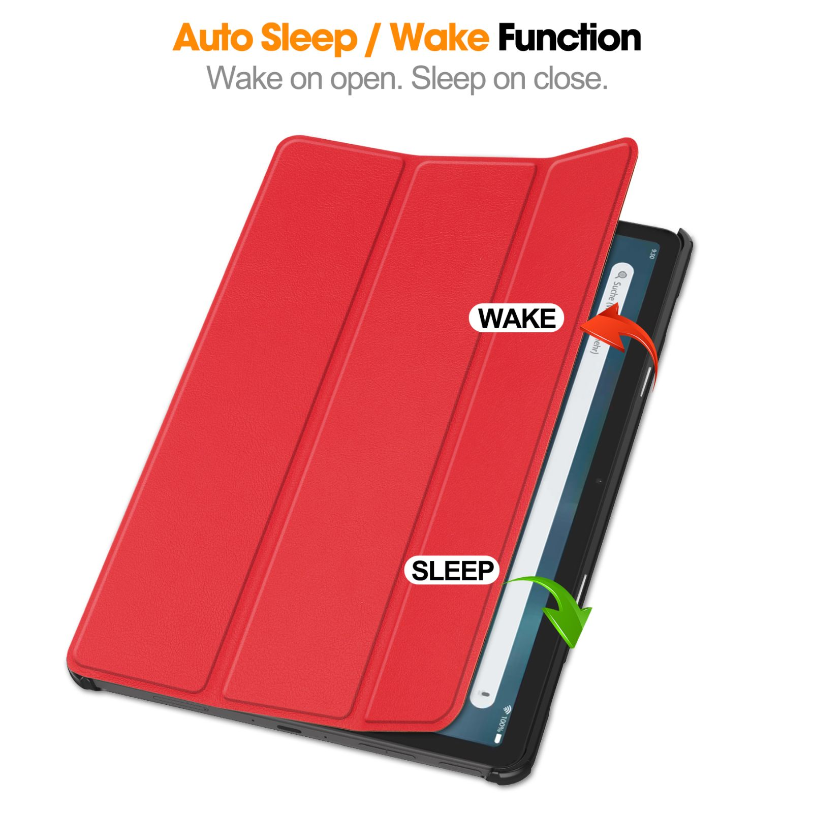 Rote Tablet-Hülle offen. Tablet ist schwarz. Text lautet 'Wake on open. Sleep on close'.