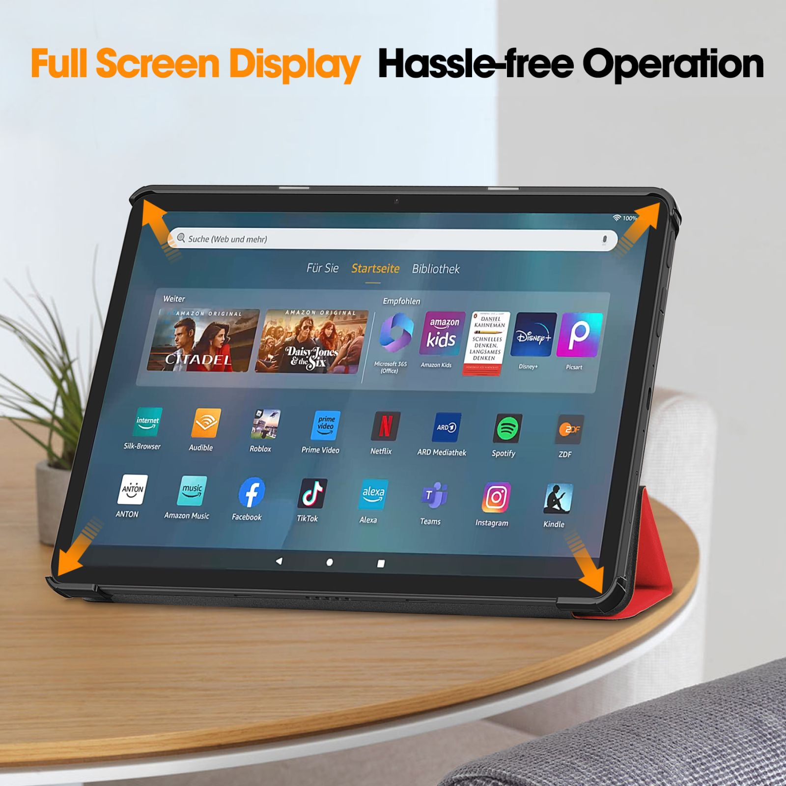 Tablet mit Apps und rotem Ständer auf Holztisch. Text: 'Full Screen Display'.