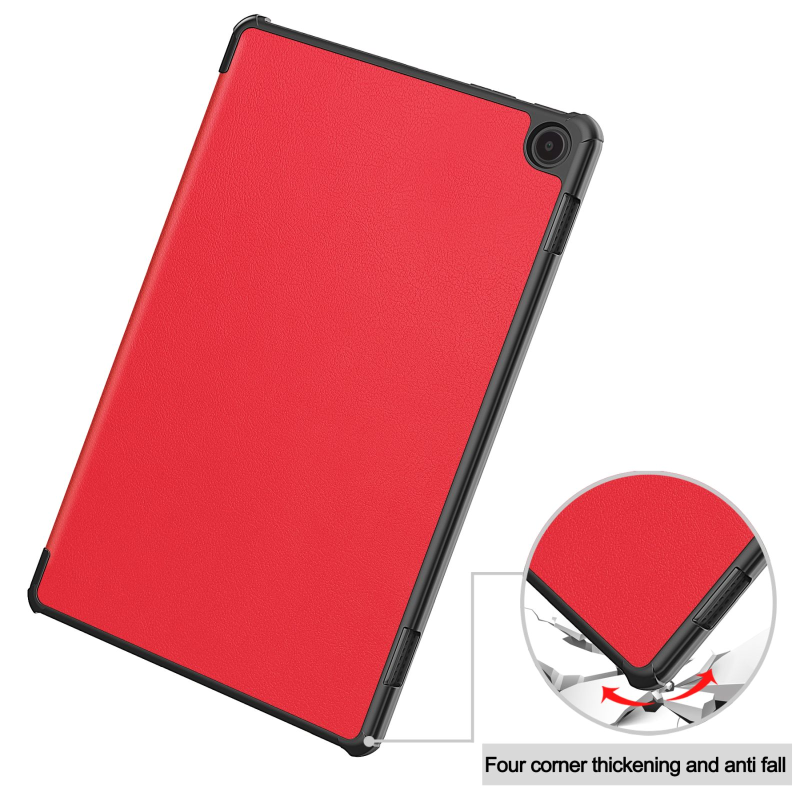 Eine rote Tablet-Hülle mit einem roten Tablet und einer Nahaufnahme, die Eckenschutz zeigt.
