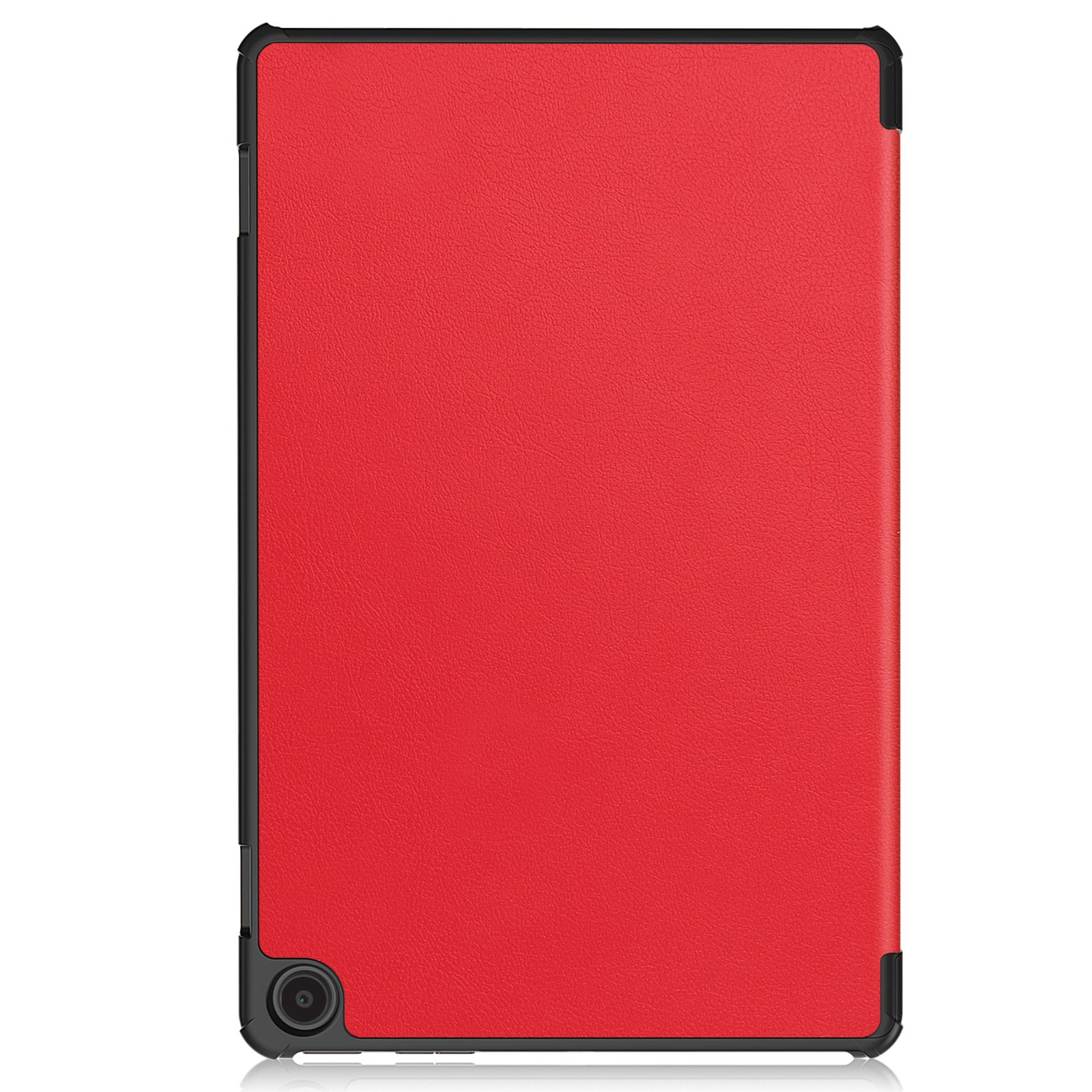 Rote Tablet-Hülle mit schwarzen Rändern, unten mit Kameraobjektiv. Die Hülle ist schlicht.
