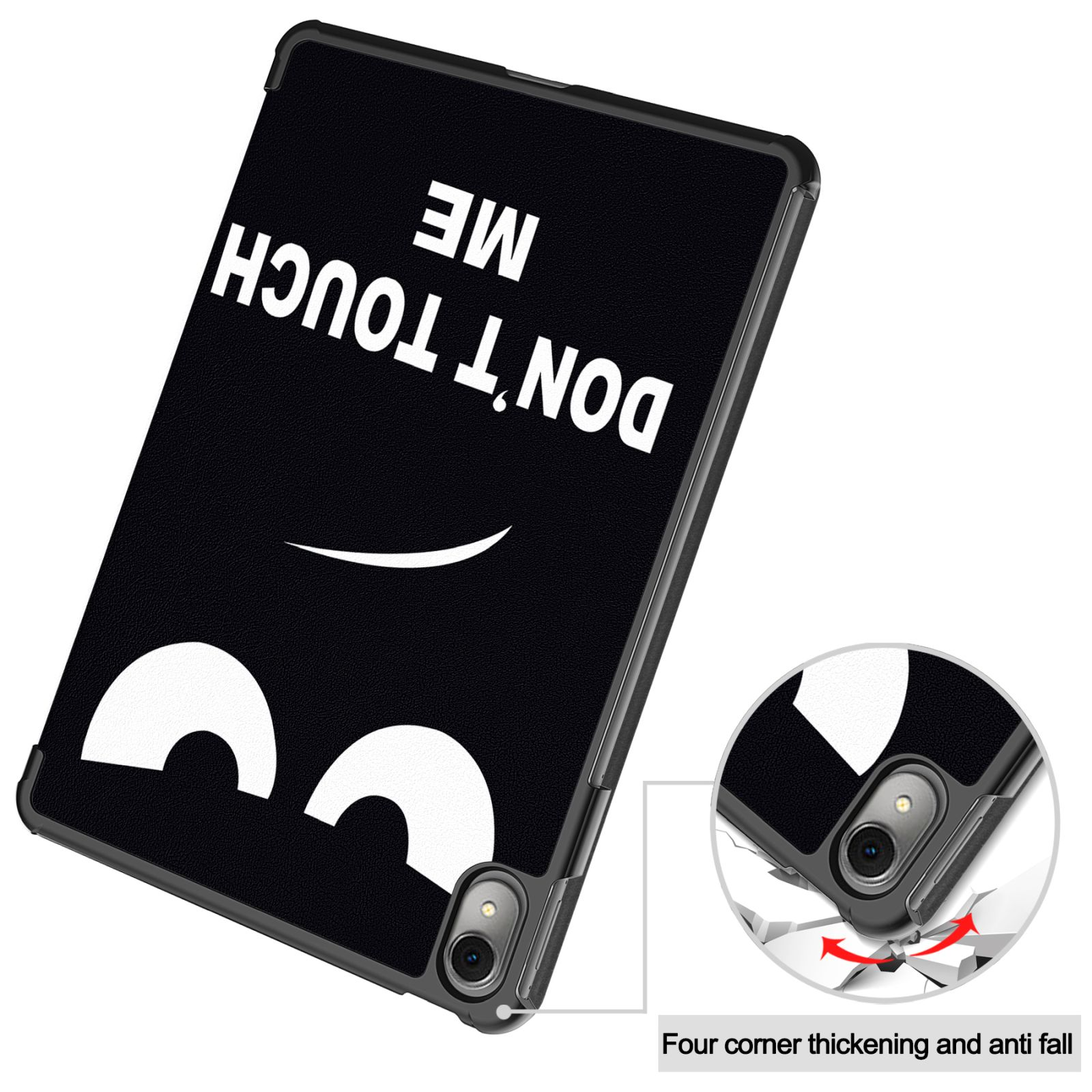 Schwarze Tablet-Hülle mit weißem Text 'DON'T TOUCH ME' und einem Gesicht. Detailaufnahme der Ecke.